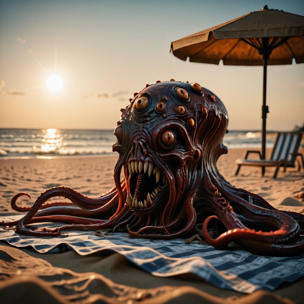 <lora:FleshmutantIllusV2:1>, photo,realistic,cinematic,cinematic still,film grain,HDR,DLSR,solo,1monster,fleshmutant,eldritch abomination,lovecraftian horror,no humans,extra eyes,extra mouths,sharp teeth,outdoors,beach,sand,sun,clear sky,beach umbrella,beach towel,tentacles,octopus