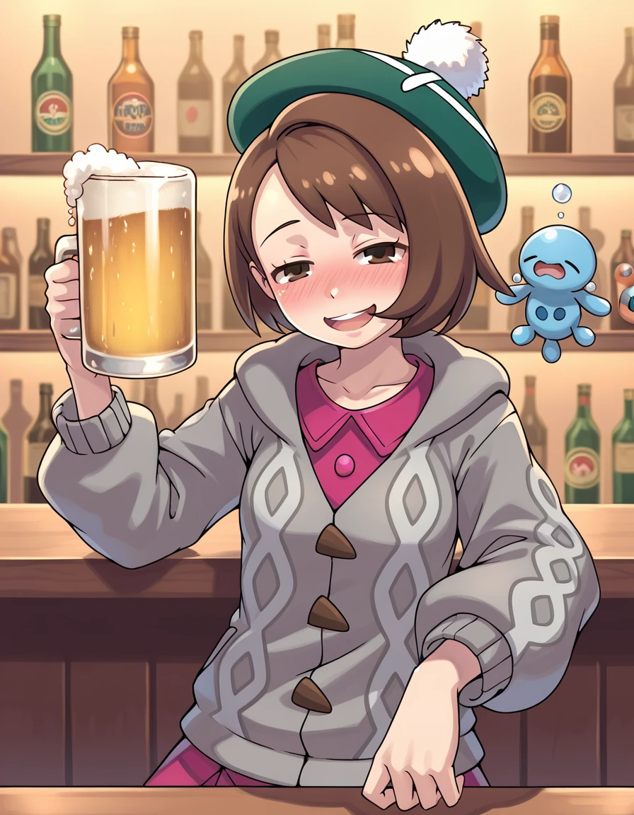 <lora:tasaka_shinnosuke_Illustrious:1>tsstyle
solo, Gloria_(pokemon), scottish bar, holding beer, drunk, woozy, cardigan, green hat, anoyed, bubbles