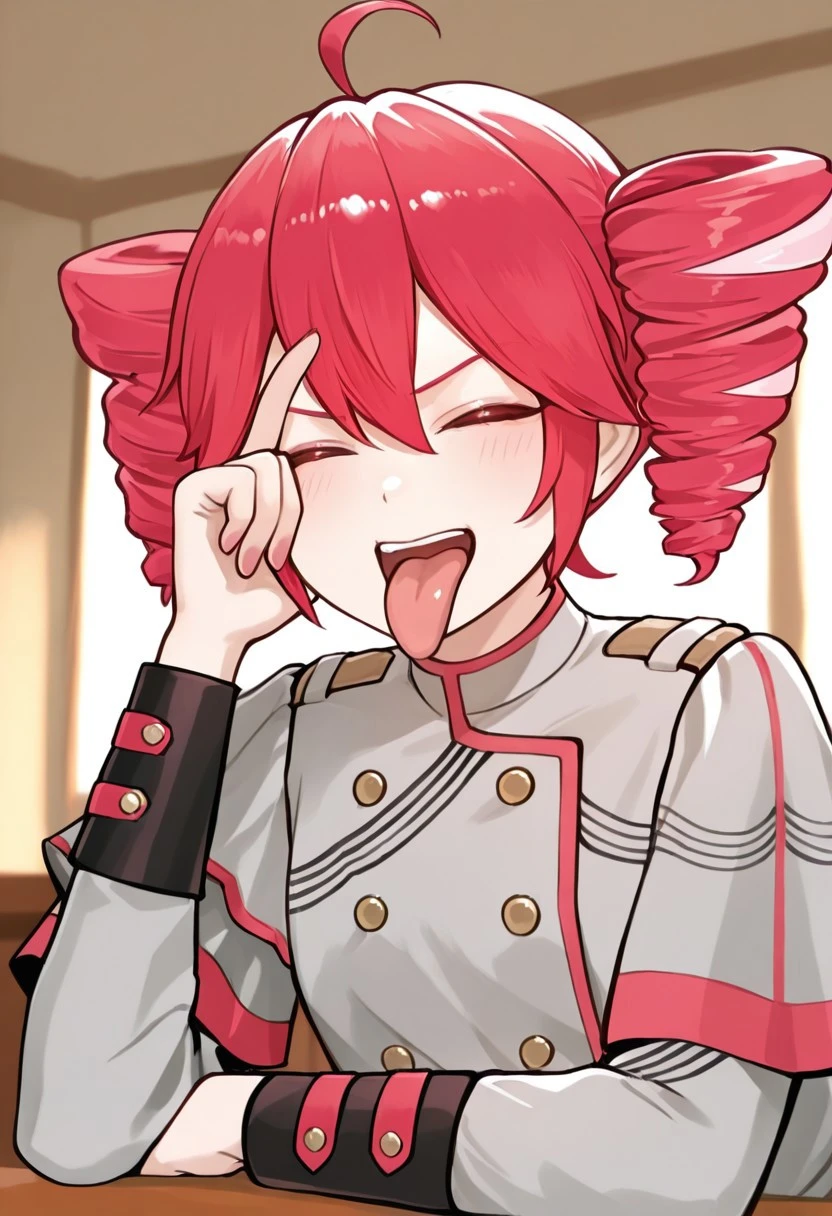 solo, woman, kteto, girl, short hair, drill hair, parade uniform, long sleeves, looking at the viewer, aldn_frky_pose, closed eyes, hand on head, tongue out, table, room, indoors, best quality, masterpiece, 4k resolution, anime