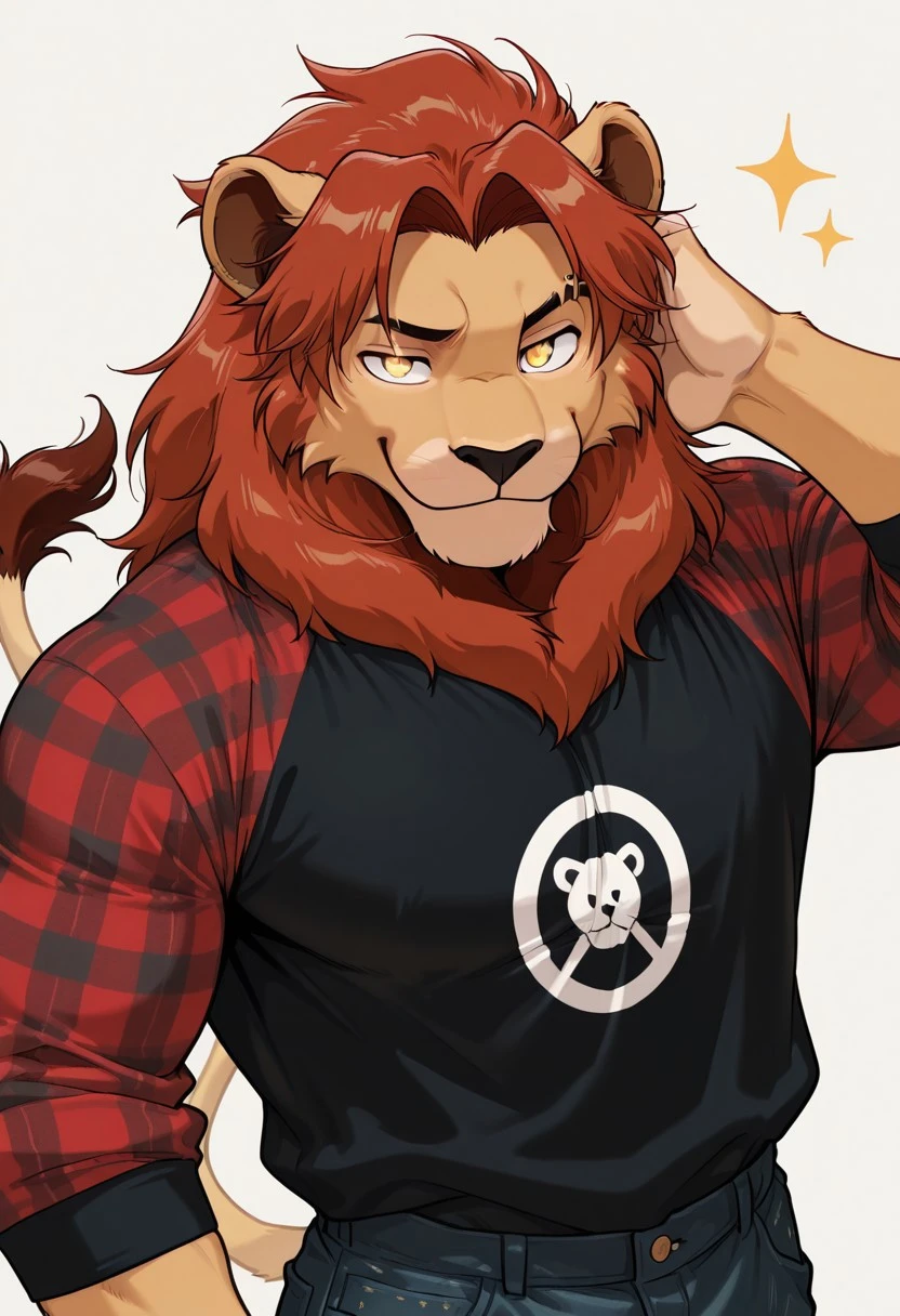 masterpiece, best quality, amazing quality, solo, upper body, lion, lion boy, lion ears, lion tail, furry, male, bara, focus on face, smile, close up, yellow_eyes, red haired, two bangs, eyebrow cut, male focus, muscular, eyebrow cut, red flannel shirt, black shirt, black ragged jeans, urban clothes and style, close up,