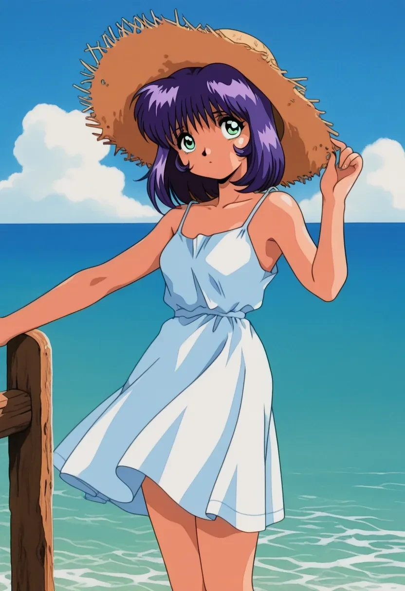masterpiece,best quality,amazing quality,
1girl, solo,
Fujisawa Ako, purple hair, short hair, green eyes, blue hair, aqua eyes,retro artstyle, 1990s (style),
summer dress, straw hat, ocean, picknick,