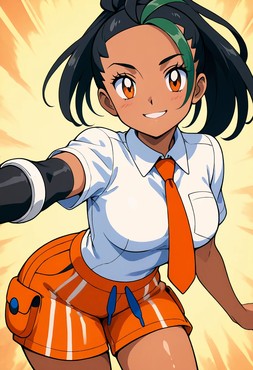 masterpiece, best quality, solo, curvy, beautiful eyes, narrow waist, wide hips, 1girl, solo, smile, looking at viewer, foreshortening, close up, large breasts, retro artstyle, 1990s (style), anime screencap, nemona (pokemon), pokemon, black hair, green hair, orange eyes, dark skin, multicolored hair, two-tone hair, ponytail, hair pulled back, collared shirt, fingerless gloves, orange tie, orange shorts, white shirt, <lora:NemonaPokemonIXL:1.0>, , cowboy shot, leaning forward, smile, looking at viewer, shiny skin,