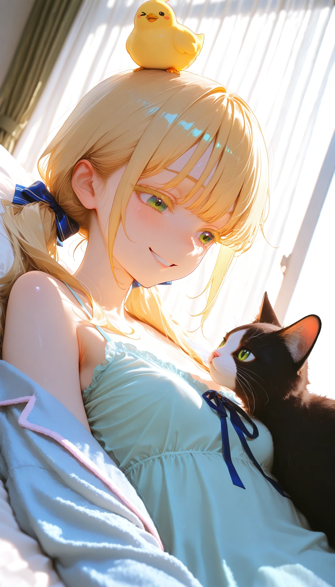 masterpiece, best quality, amazing quality, very aesthetic, absurdres, highres, newest, HDR, 8K, high detail, intricate detailed, smooth shading, glossy surfaces, luster, color depth, masterful shading,
1girl, solo, multiple color eyes, odd eyes, green eyes, blond colored eyelashes, hair bow blonde, twintails, royal blue ribbon, camisole, pajamas, small breasts, looking at cat, smile, happy, lying, upper body, Put a chick on your head, cat, cat holding, heads together, floating curtains, morning sun, soft breeze, diagonal angle,