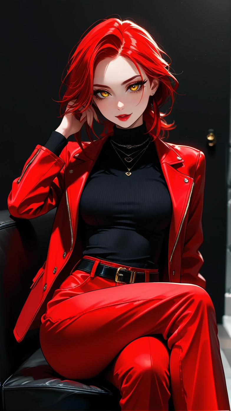 masterpiece, best quality, very awa, absurdres, Good quality, very aesthetic, absurdres, newest, very sexy girl, sexy figure, 1girl, 25yo, black wall background, red hair, golden eyes, beautiful face, long eyelashes, makeup on eyelashes, medium breasts, black turtleneck, black belt, red jacket, red pants, sitting pose, crossed legs, confident expression, seductive pose, stylish outfit, black necklace