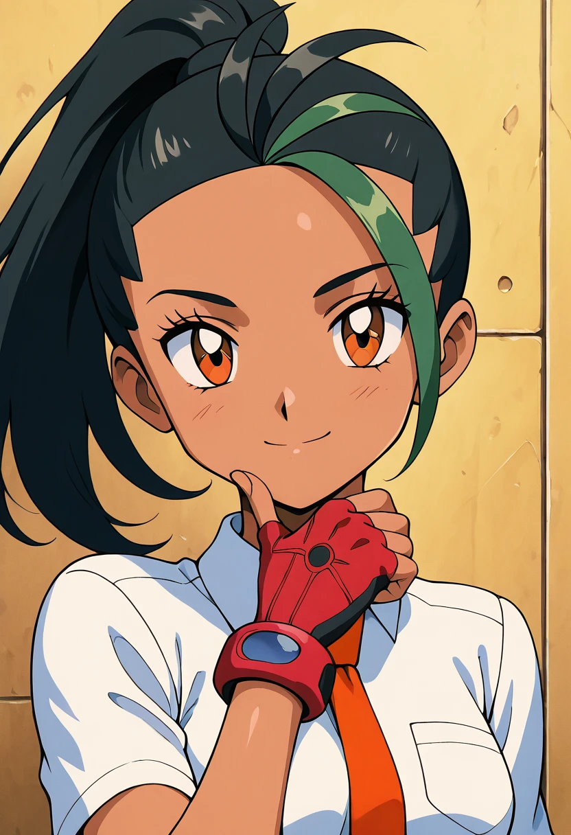 masterpiece, best quality, (retro artstyle, 1990s (style)), anime screencap, solo, curvy, beautiful eyes, 1girl, solo, smile, looking at viewer, (upper body), nemona (pokemon), pokemon, black hair, green hair, orange eyes, dark skin, multicolored hair, two-tone hair, ponytail, hair pulled back, collared shirt, fingerless gloves, orange tie, <lora:NemonaPokemonIXL:1.0>, close up, portrait, foreshortening, smile, looking at viewer, shiny skin,