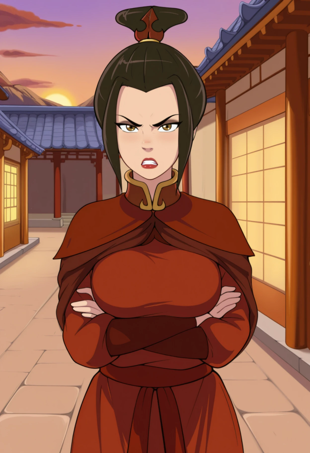 good quality, very aesthetic, masterpiece,best quality,amazing quality,newest, 8K, depth of field, volumetric lighting, <lora:NM_Azula_fet_ill:1>, NM_Azula_atla, 1girl, solo, brown eyes, brown hair, topknot, black hair, hair ornament, breasts, large breasts, makeup, lipstick, red lips, slim waist, dress, capelet, looking at viewer, outdoors, angry, crossed arms,