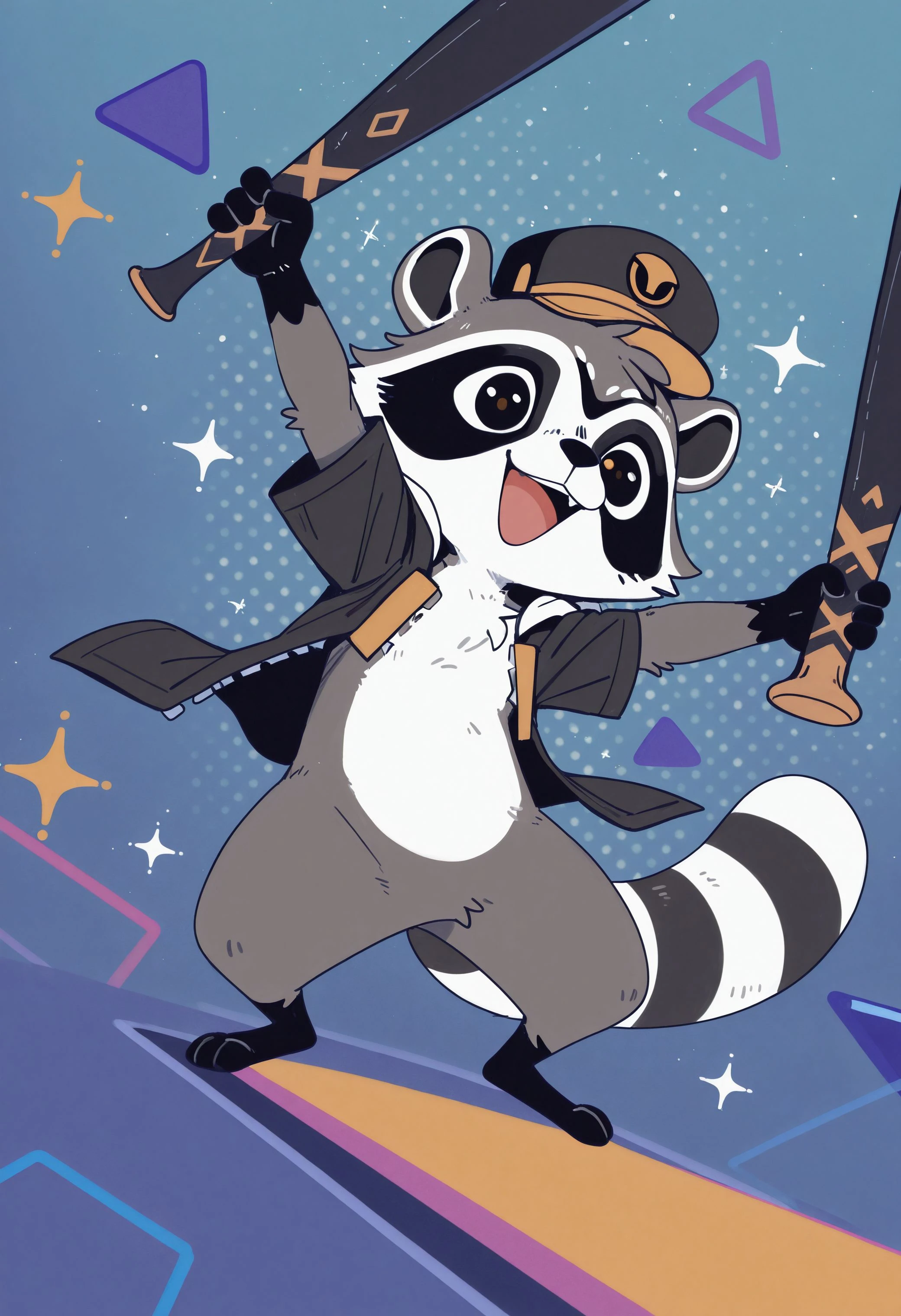 best quality, amazing quality, very aesthetic, absurdres, newest, g4l4ctic_b4seb411er, raccoon, furry, furry male, solo, 1boy, black jacket, hat, holding bat, happy, jump, sparkles, simple shapes background, looking at viewer, dutch angle, full body, <lora:The_Legend_of_the_Galactic_Baseballer_Illustrious:1>