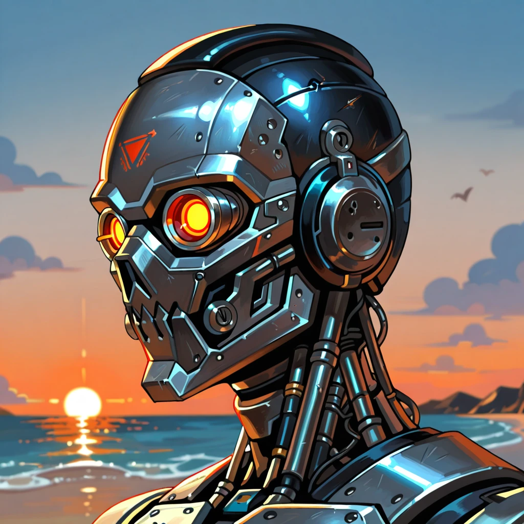 highres, best quality, masterpiece, very aesthetic, newest, <lora:FleshmutantIllusV2:1>, artist:tokkyu , cropped,portrait,cybermutant,solo,robot zombie,outdoors,beach,sunset