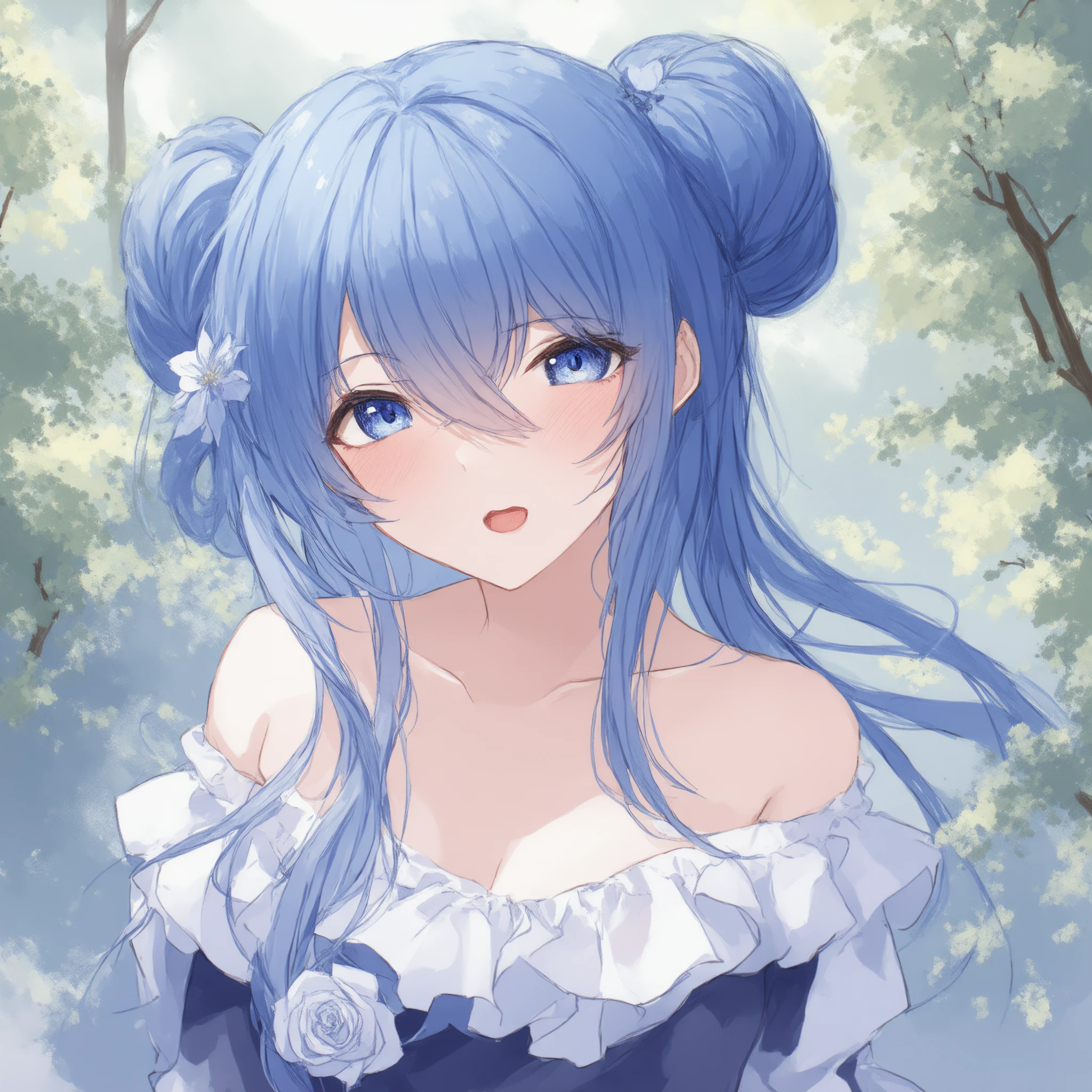 best quality, ultra high resolution (photorealistic: 1.4), 1 girl, masterpiece, outdoor, full body, surrounded by petals, lying on the ground, old blue hair and eyes red like rubies, smile Friendly and blue dress of silk, satin and chiffon, (((Portrait)))