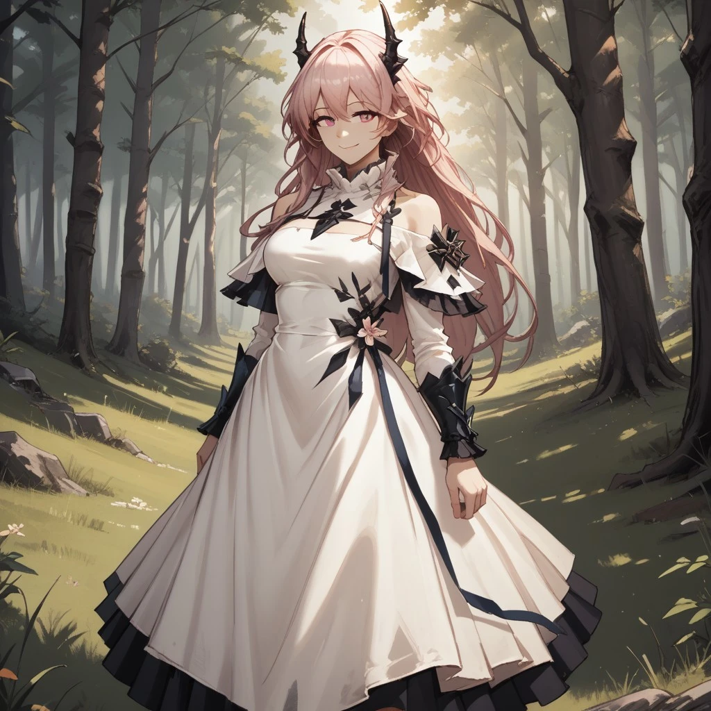 score_9, score_8, BREAK, solo, Theresa_(Arknights), horns, black horns, pink hair, pink eyes, hair between eyes, long hair, sidelocks, bangs, white dress, full dress, black boots, self portrait, smile, looking at viewer, outdoors, sunlight, shadows, evening lighting, natural lighting, forest, trees, grass, orange sky, sunset