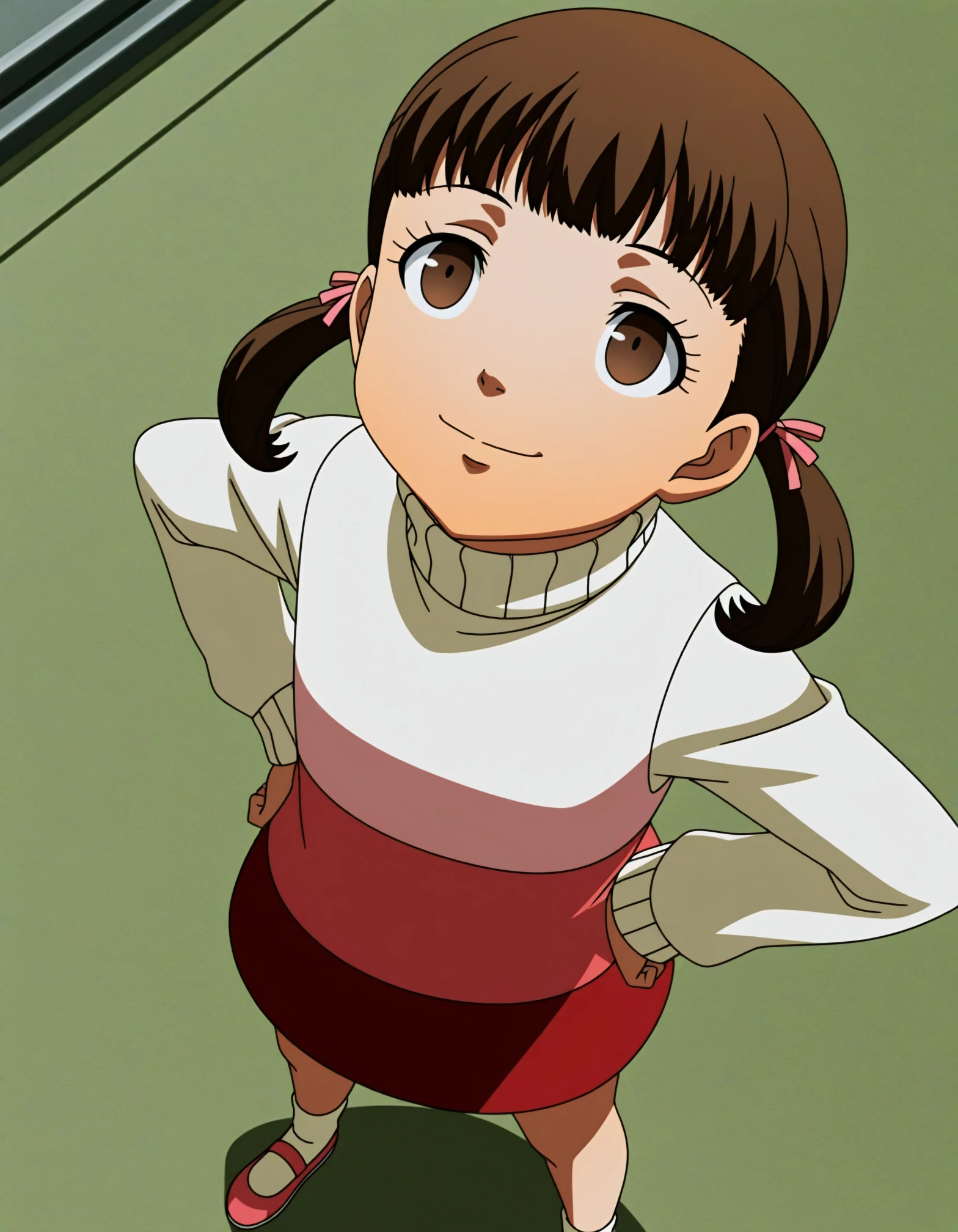 <lora:dmd2_sdxl_4step:1>,masterpiece,best quality,amazing quality,very aesthetic,high resolution,ultra-detailed,absurdres,newest,anime coloring,anime screenshot,official art,<lora:nanako:0.8>,nanako,doujima nanako,1girl,brown hair,brown eyes,twintails,hair ribbon,skirt,long sleeves,turtleneck sweater,pink footwear,white sweater,looking up,hands_on_hips,naughty,evil smile,