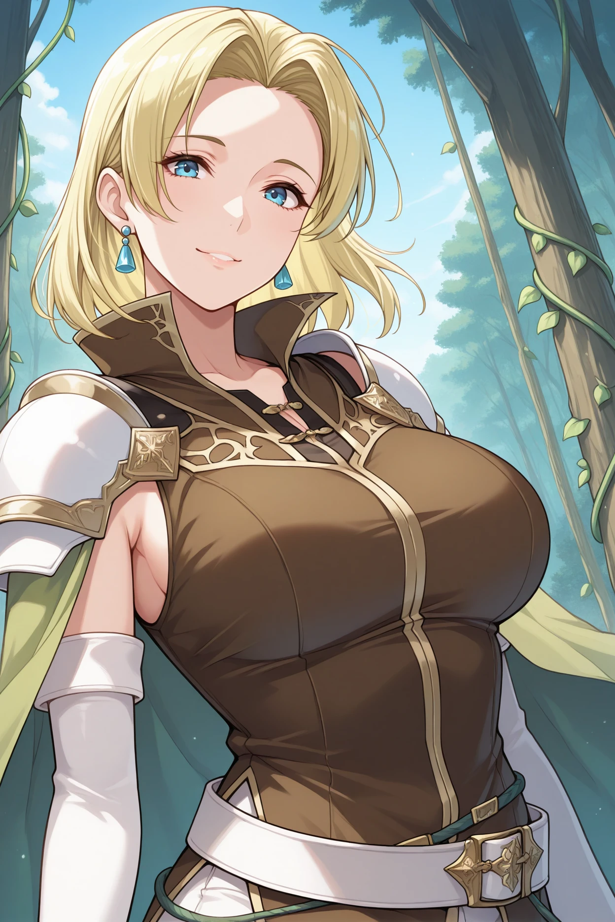 masterpiece, best quality, 1girl, solo, <lora:feselena-illu-nvwls-v1-000006:1> defsen, blonde hair, medium hair, blue eyes, earrings, shoulder pads, green cape, brown tunic, sleeveless, white belt, elbow gloves, white gloves, white pants, upper body, looking at viewer, smile, mature female, breasts, forest, blue sky, vines