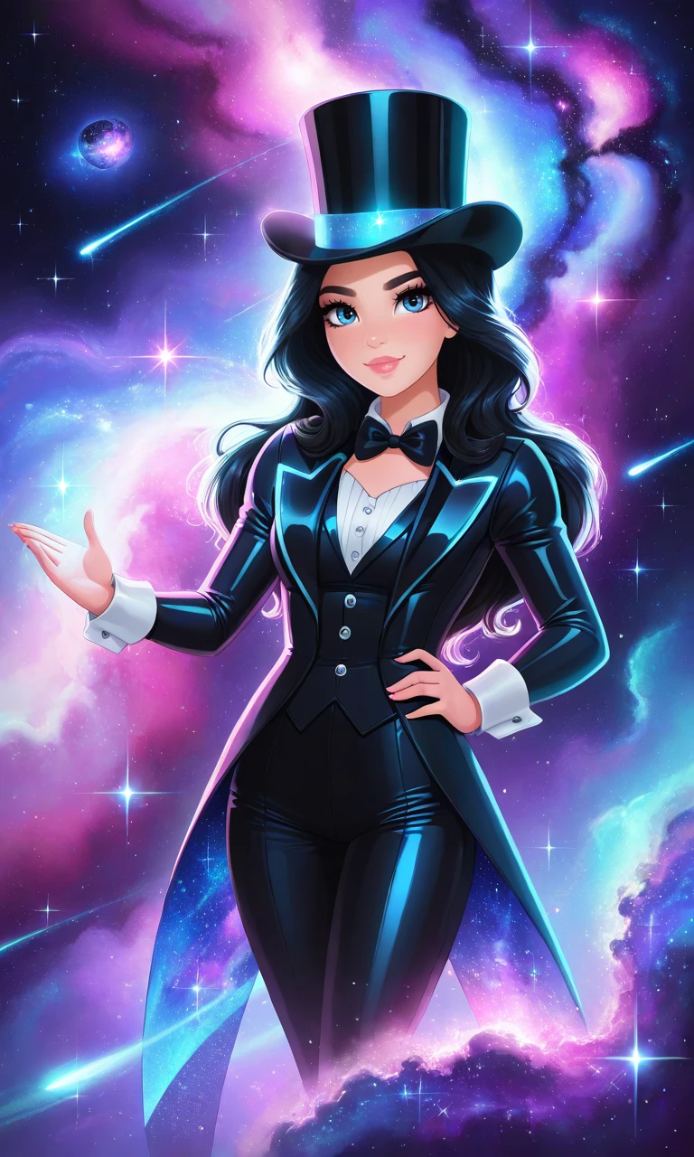 solo,Barbiecore, holographic, hot pink, glamour, sparkle, Spacecore, galaxy, nebula, black, white,1woman,black hair,blue eyes,top hat,zatanna