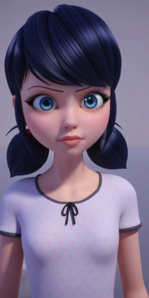 Super detailed, looking at viewer, upper body, good eyes, best eyes, ideal eyes, detailed eyes, white t-shirt with pink polka-dots and black edges, upper body, bright bluebell eyes, fair skin, shoulder-length black hair with blue reflections tied back in pigtails, body like in real life, large pores, unreal engine, octane render, droped shadow, bokeh, cinematic lighting, Marinette Dupain-Cheng