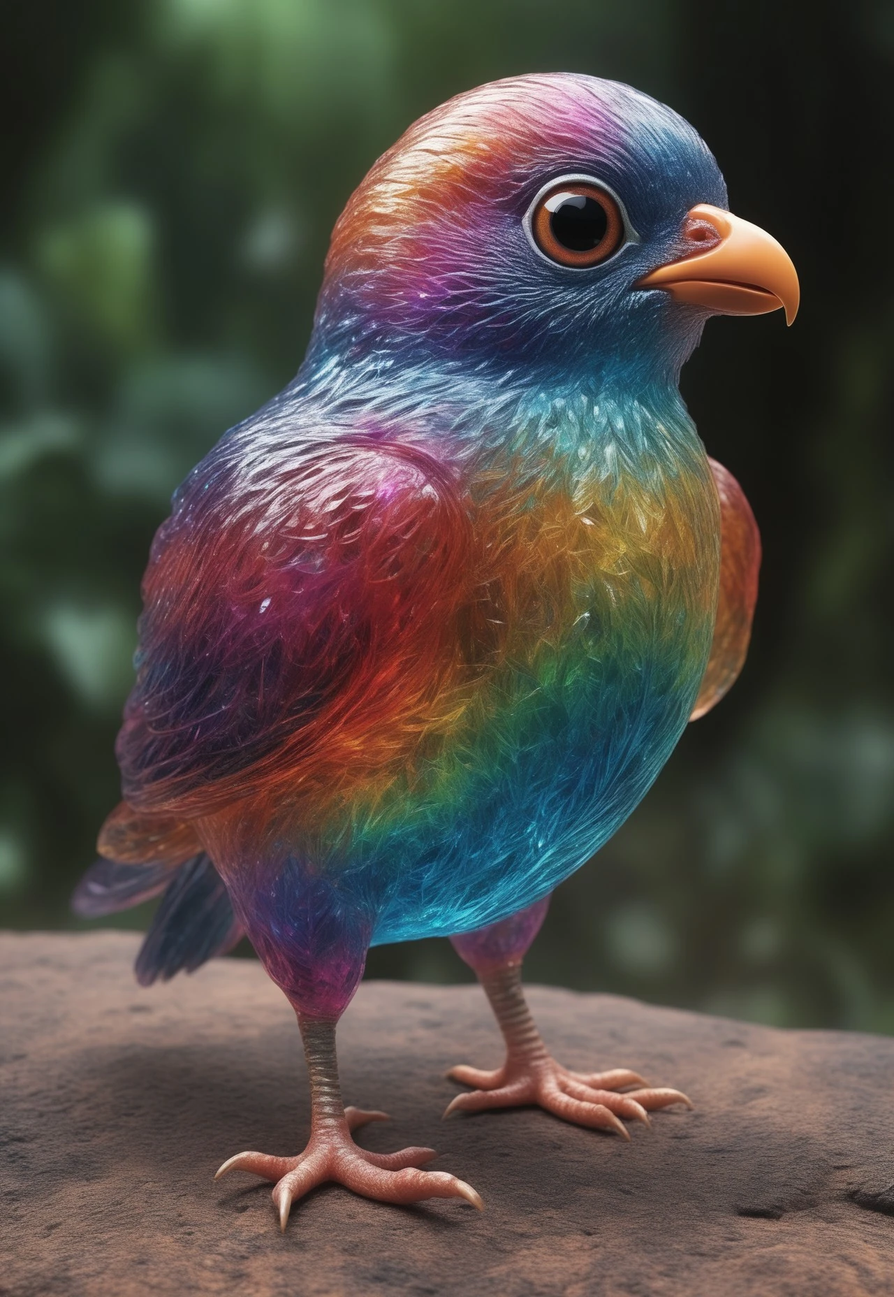 a cute chubby chicken mixed with a owl with big rainbow eyes made out of glass , it wears a cool rainbow bandana, very detailed, 4k, sharp, eating rainbow worms, translucent, transparent