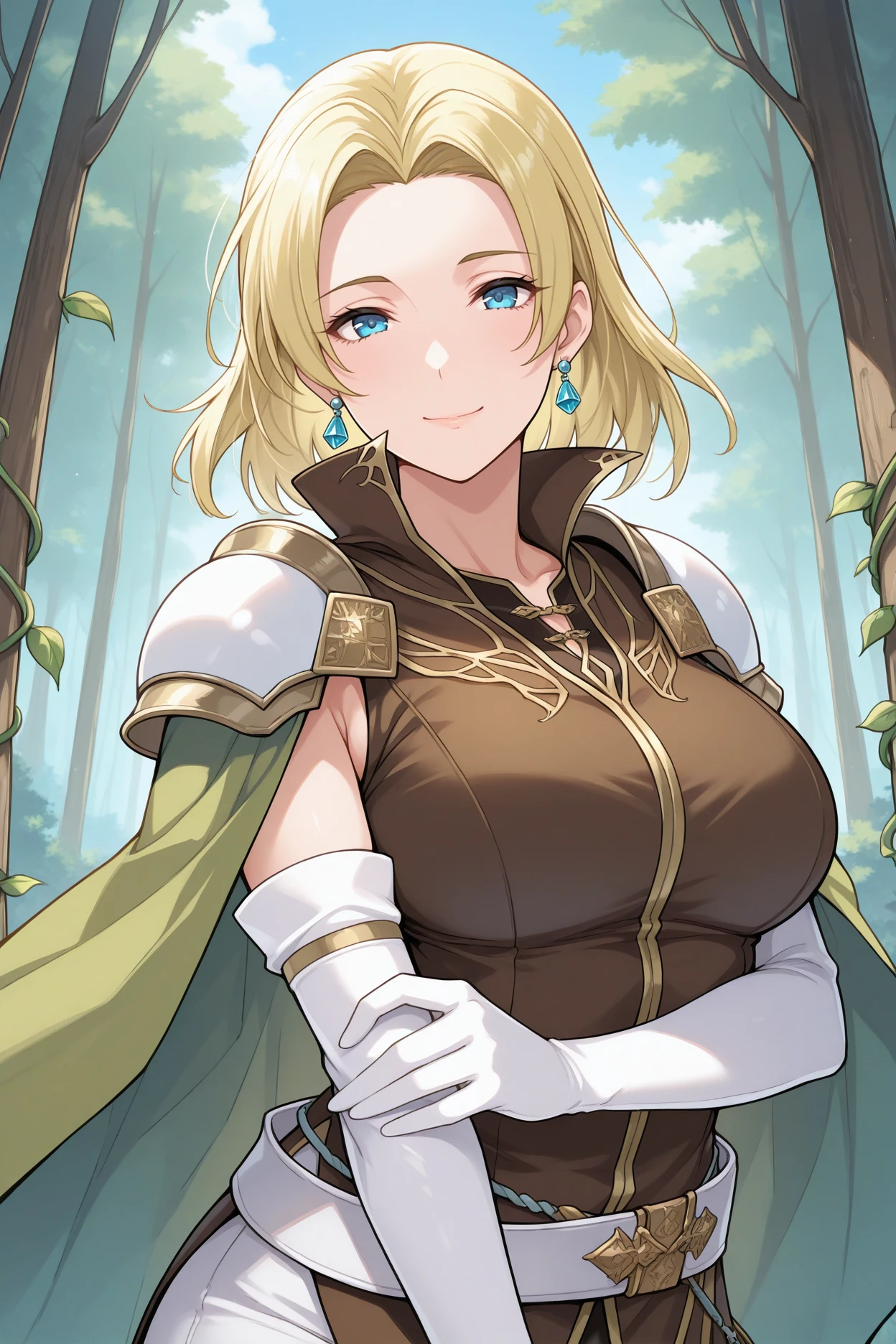 masterpiece, best quality, 1girl, solo, <lora:feselena-illu-nvwls-v1-000006:1> defsen, blonde hair, medium hair, blue eyes, earrings, shoulder pads, green cape, brown tunic, sleeveless, white belt, elbow gloves, white gloves, white pants, upper body, looking at viewer, smile, mature female, breasts, forest, blue sky, vines