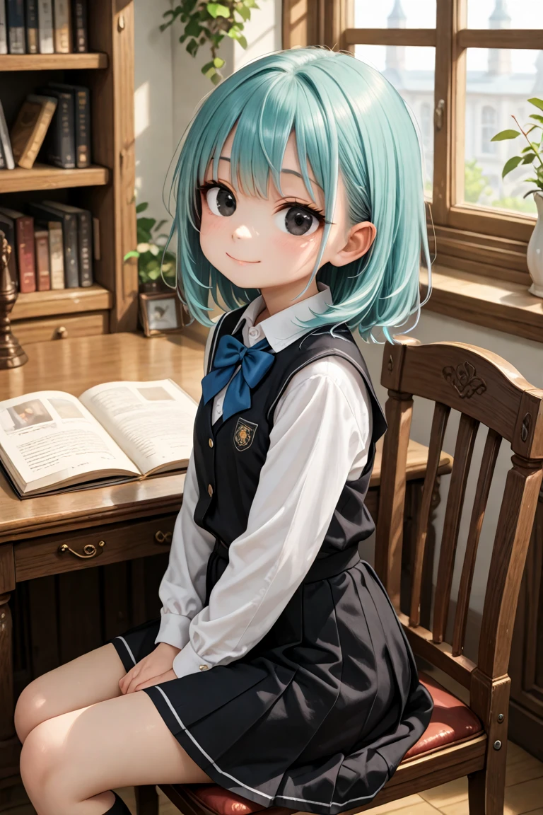 newest, latest, masterpiece, best quality, amazing quality, very aesthetic, absurdres,
cute, cute round face, slender, detailed eyes, detailed hair, kawaii,
1girl, solo,
cowboy shot, from side,
smile, closed mouth, looking at viewer,
aqua hair, black eyes, medium hair,
blazor, black school uniform, blue bowtie,
sitting, in library, desk, chair, classic interiors, gothic furnitures