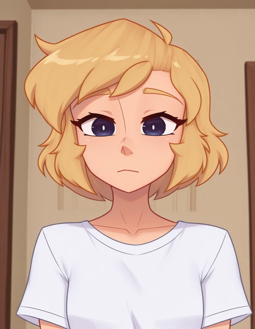 <lora:Xyronii_Style_LoRA_Illustrious:1.2> xyr0n11_5tyl3, 1girl, looking directly at viewer, short blonde hair, wearing a shirt, bedroom background, portrait,  lazypos,
