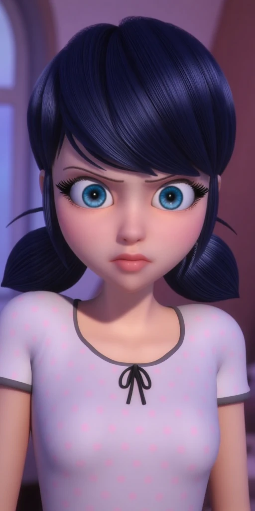 Super detailed, looking at viewer, upper body, good eyes, best eyes, ideal eyes, detailed eyes, white t-shirt with pink polka-dots and black edges, upper body, bright bluebell eyes, fair skin, shoulder-length black hair with blue reflections tied back in pigtails, body like in real life, large pores, unreal engine, octane render, droped shadow, bokeh, cinematic lighting, Marinette Dupain-Cheng