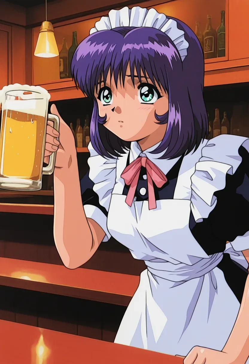 masterpiece,best quality,amazing quality,
1girl, solo,
Fujisawa Ako, purple hair, short hair, green eyes, blue hair, aqua eyes,retro artstyle, 1990s (style),
maid, bar, holding beer,