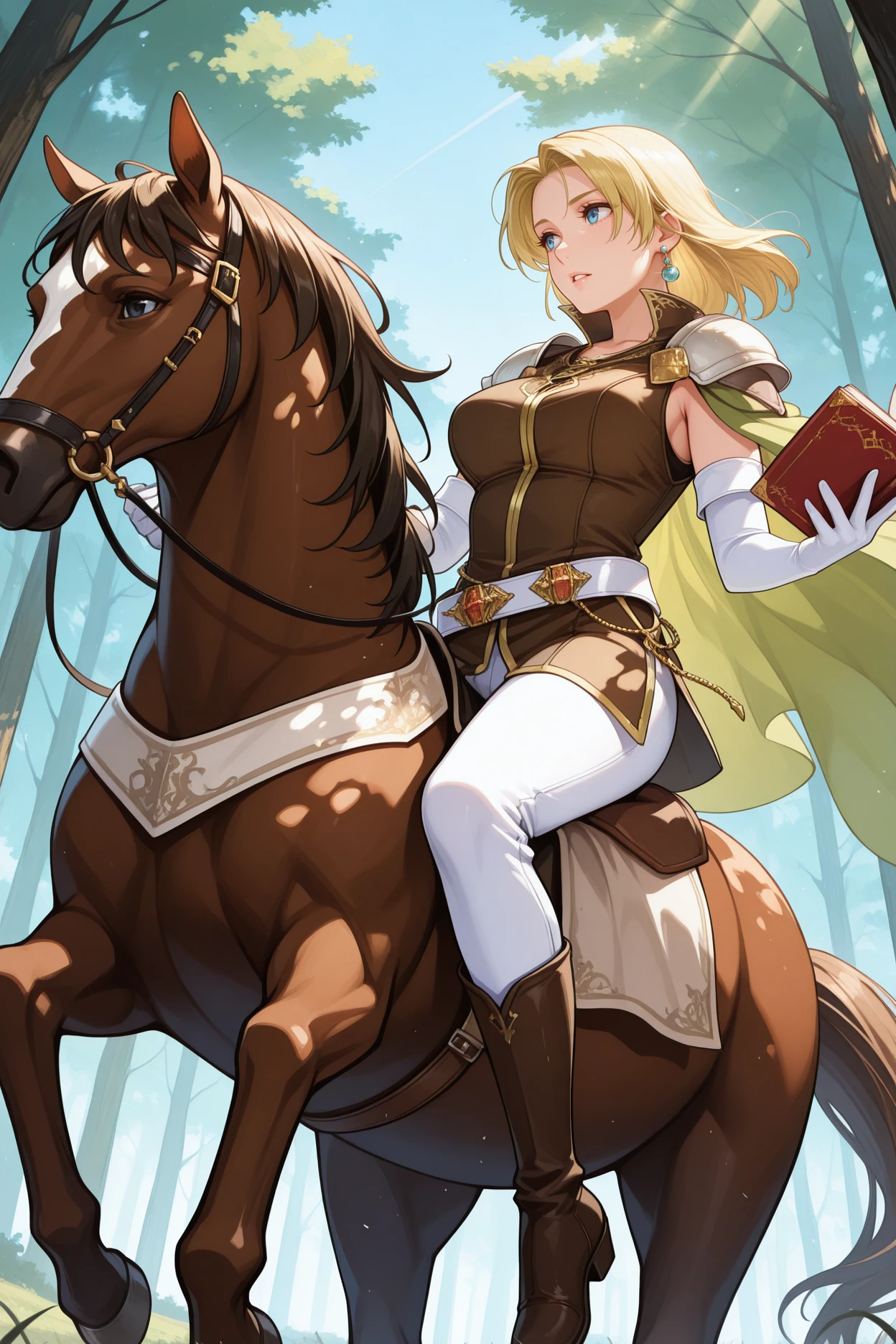 masterpiece, best quality, 1girl, solo, <lora:feselena-illu-nvwls-v1-000006:1> defsen, blonde hair, medium hair, blue eyes, mature female, earrings, shoulder pads, green cape, brown tunic, sleeveless, white belt, elbow gloves, white gloves, white pants, brown boots, riding brown horse, looking to the side, parted lips, breasts, blue sky, forest, dappled sunlight, holding tome