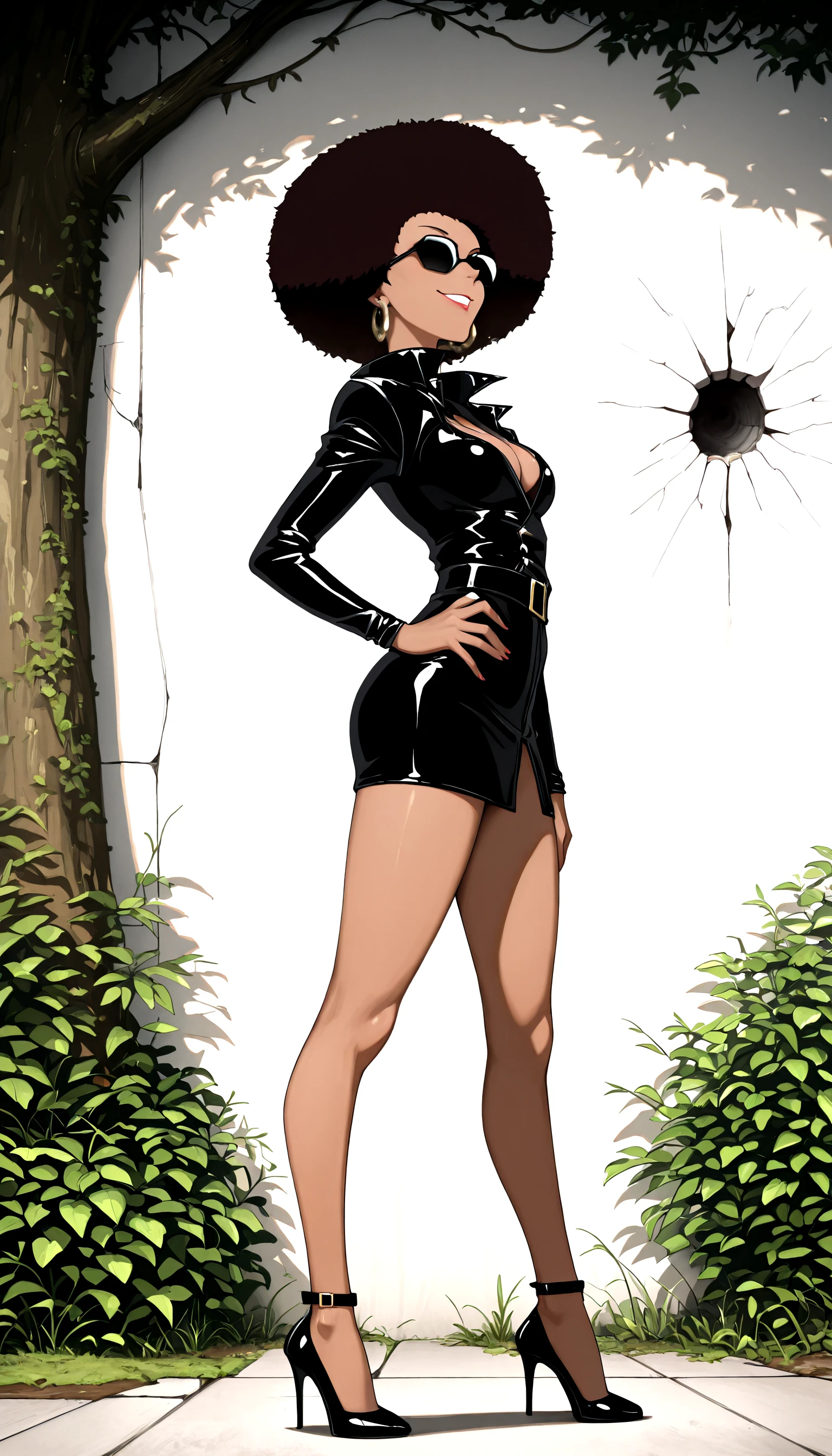 masterpiece,best quality,absurdres, amazing quality <lora:Coffee_epoch_5:0.99> coffee_(cowboy_bebop), std_outfit, black_dress, sunglasses, hoop_earrings, smug, short_dress,
bullet_hole, gradient_background, makeup,military, overgrown, tree