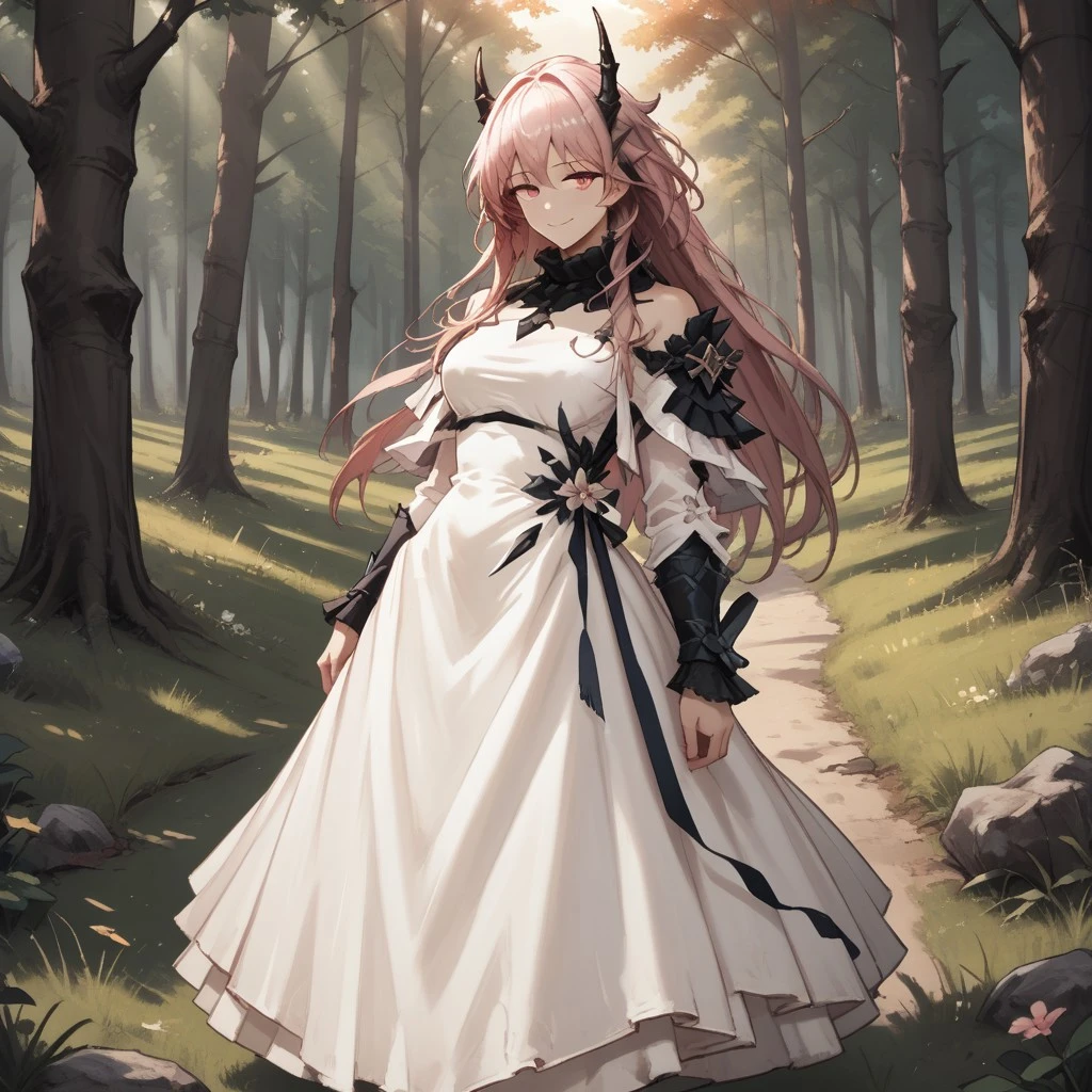 score_9, score_8, BREAK, solo, Theresa_(Arknights), horns, black horns, pink hair, pink eyes, hair between eyes, long hair, sidelocks, bangs, white dress, full dress, black boots, self portrait, smile, looking at viewer, outdoors, sunlight, shadows, evening lighting, natural lighting, forest, trees, grass, orange sky, sunset