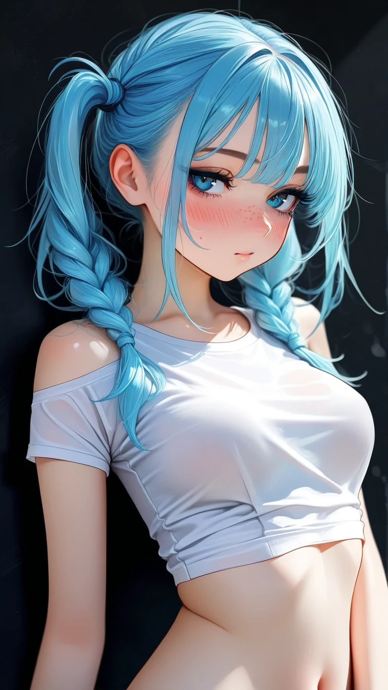 masterpiece, best quality, very awa, absurdres,  Good quality, very aesthetic, absurdres, newest, very sexy girl, sexy figure, 1girl, blue hair, blue eyes, 25yo, medium breast, 2 pigtails, black wall background, beautiful face, freckled face, long eyelashes, eyeliner, makeup on eyelashes, white t-shirt, cute design on t-shirt, short sleeves, bare shoulders, bare arms, bare stomach, blushing cheeks, seductive gaze.
