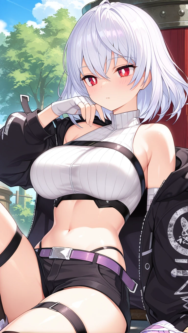 1girl, white hair, very short hair, red eyes, serious, glowing eyes, large breasts, thick thighs, athletic female, toned, leotard, black leotard, thighhighs, belt, knife, knifes, pantyhose, black pantyhose, hood, hood up, hood on, black hood,