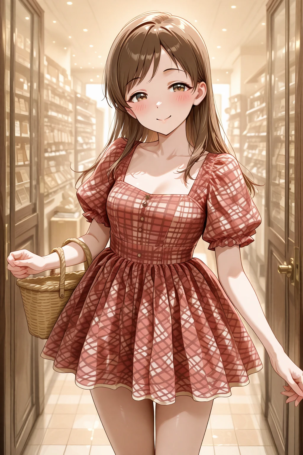 masterpiece, best quality, amazing quality, 1girl, solo, makeup, general, looking at viewer, blush, cowboy shot, smile, indoors, shop, dating, holding basket, <lora:Nitta_Minami_Cinderella:0.9>, Nitta_Minami_Cinderella, long hair, brown hair, brown eyes, breasts, <lora:Sweet_Red_Gingham_Plaid_Organza_Dress:1>, Sweet_Red_Gingham_Plaid_Organza_Dress, plaid, red dress, checkered dress, short dress, puffy short sleeves, kneehighs, <lora:wai-2Rectified-V140:1>, <lora:illustrious_noobai_epsilon_pred_1_masterpieces_v1:1>