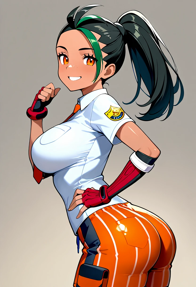 masterpiece, best quality, solo, curvy, beautiful eyes, narrow waist, 1girl, solo, smile, looking at viewer, nemona (pokemon), pokemon, black hair, green hair, orange eyes, dark skin, multicolored hair, two-tone hair, ponytail, hair pulled back, collared shirt, fingerless gloves, orange shorts, ,<lora:NemonaPokemonIXL:1.0>, side view, ass, leaning forward, cowboy shot, smile, looking at viewer, shiny skin,