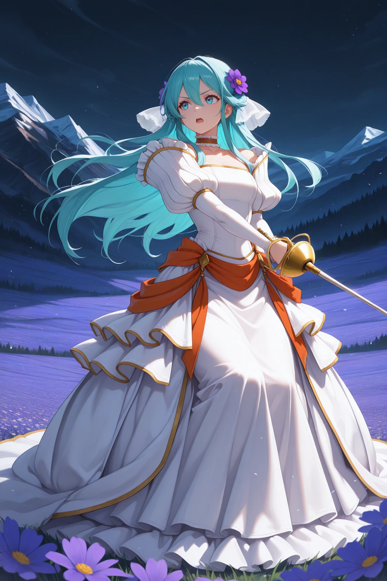 masterpiece, best quality, 1girl, solo, <lora:brideeirika-illu-nvwls-v1-000006:1> brier, aqua hair, long hair, hair between eyes, hair flower, hair ornament, bridal veil, frills, choker, wedding dress, holding rapier, full body, looking to the side, serious, open mouth, fighting stance, night, flower field, mountains