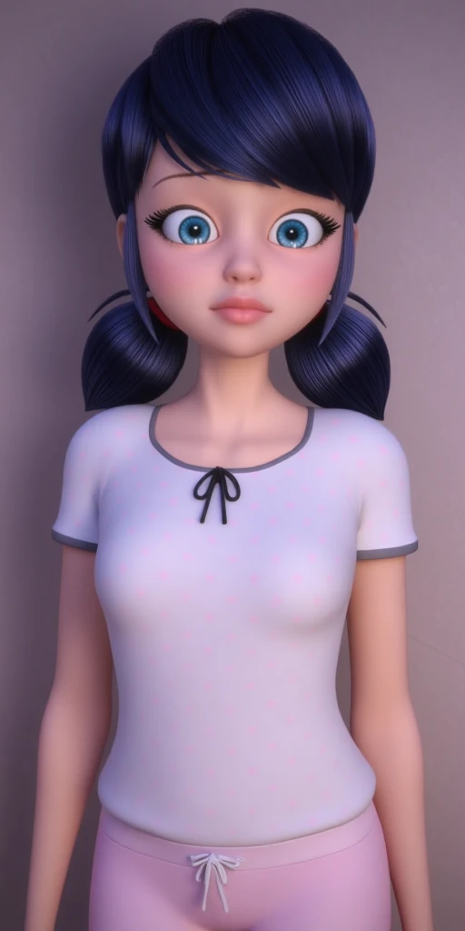 Super detailed, looking at viewer, white t-shirt with pink polka-dots and black edges, upper body, light pink sweatpants with a white string, bright bluebell eyes, fair skin, shoulder-length black hair with blue reflections tied back in pigtails, body like in real life, large pores, unreal engine, octane render, droped shadow, bokeh, cinematic lighting, Marinette Dupain-Cheng
