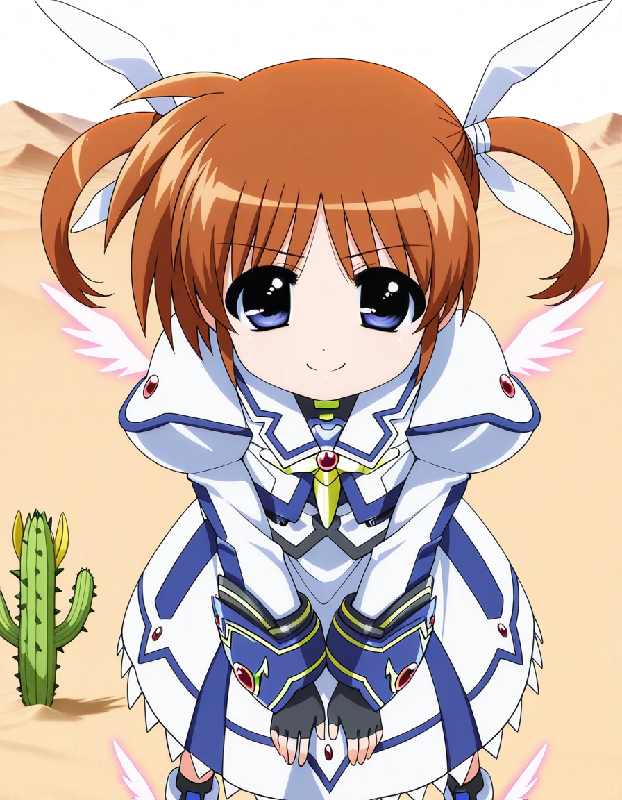 masterpiece, best quality, amazing quality,, <lora:nanoha-takamachi-movie2-illustriousxl-lora-nochekaiser:1>, nanoha takamachi, takamachi nanoha, brown hair, twintails, blue eyes, anime screencap, gloves, long sleeves, wings, fingerless gloves, magical girl, winged footwear, blue trim,, bent over, smug,, desert, sand, dunes, cacti, heat, cowboy shot, solo, looking at viewer, <lora:transparent-background-illustriousxl-lora-nochekaiser:1>, transparent background, simple background, white background