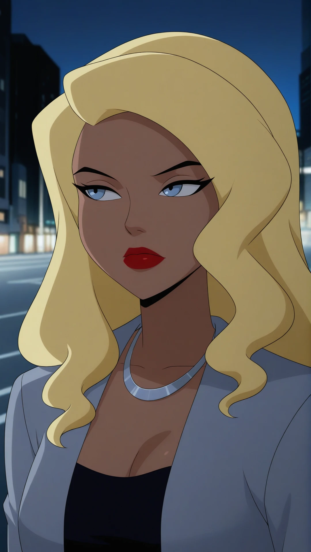 <lora:Black_Canary_XL-05:0.8> anime coloring, dramatic lighting, intricate details, masterpiece, best quality, absurdres, depth, Black_Canary_XL, 1girl, solo, jewelry, jacket, upper body, outdoors, sky, dark skin, necklace, dark-skinned female, looking to the side, makeup, night, border, portrait, lipstick, building, grey jacket, city, red lips, road, street, photo background, closed mouth, open clothes, blurry