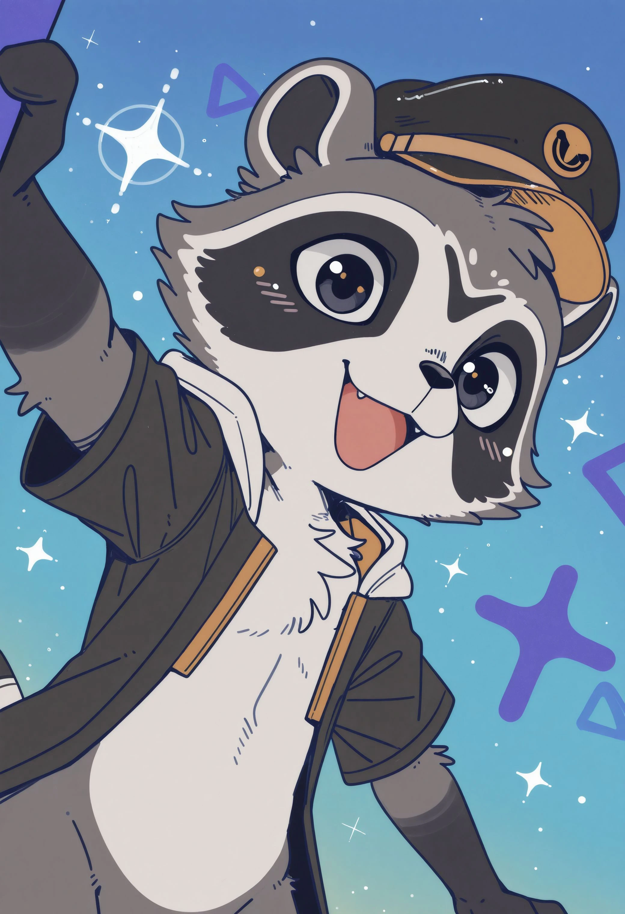 best quality, amazing quality, very aesthetic, absurdres, newest, g4l4ctic_b4seb411er, raccoon, furry, furry male, solo, 1boy, black jacket, hat, happy, cute, sparkles, simple shapes background, blue gradient background, looking at viewer, dutch angle, <lora:The_Legend_of_the_Galactic_Baseballer_Illustrious:1>
