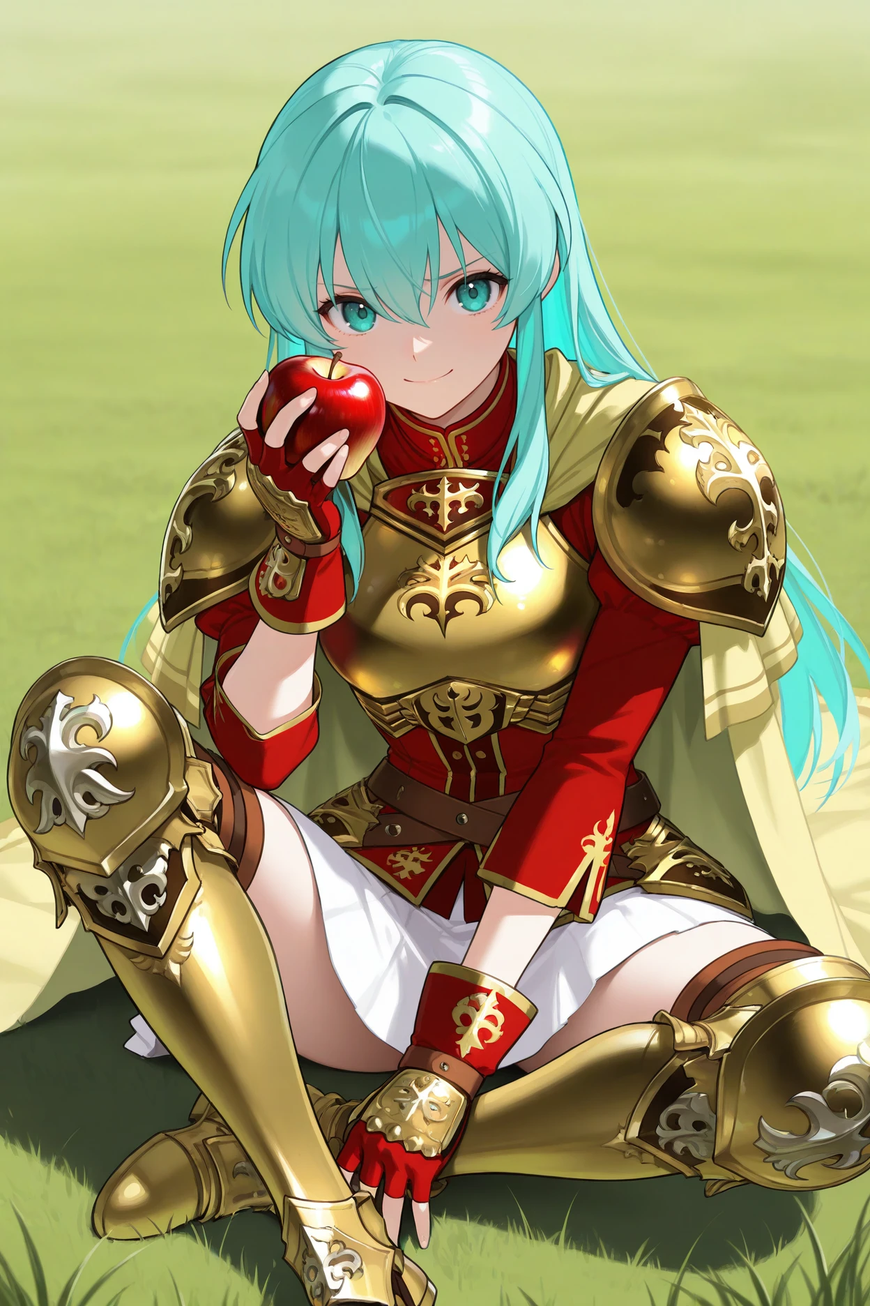 masterpiece, best quality, 1girl, solo, <lora:defeirika-illu-nvwls-v1-000006:1> defer, aqua hair, long hair, hair between eyes, red shirt, gold trim, gold-trimmed armor, yellow cape, red gloves, fingerless gloves, brown straps, white skirt, thigh boots, armored boots, sitting, knees up, full body, on ground, looking at viewer, holding apple, smile, furrowed brow, looking at viewer, grass, indian style
