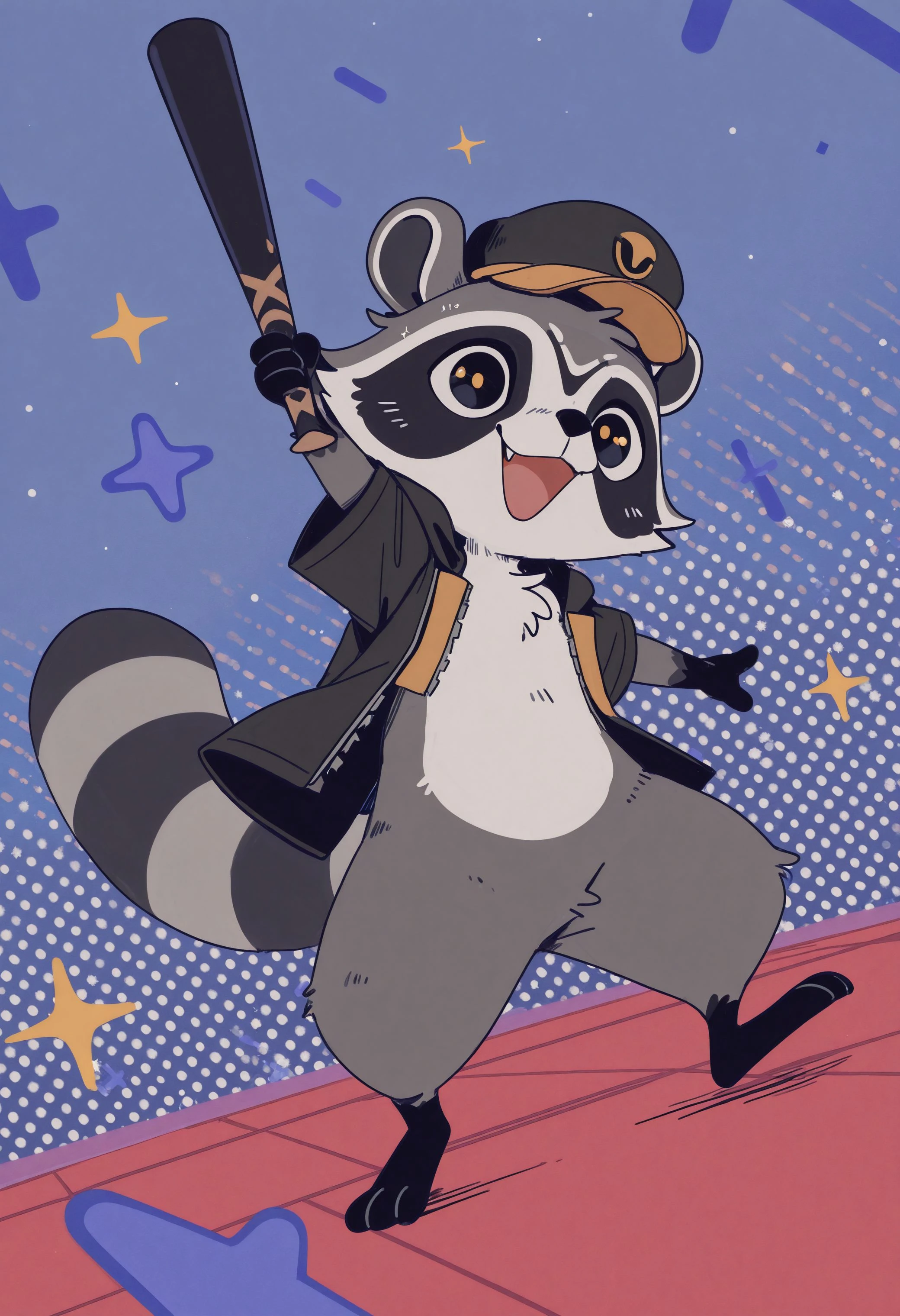 best quality, amazing quality, very aesthetic, absurdres, newest, g4l4ctic_b4seb411er, raccoon, furry, furry male, solo, 1boy, black jacket, hat, holding one bat, happy, jump, sparkles, simple shapes background, looking at viewer, dutch angle, full body, <lora:The_Legend_of_the_Galactic_Baseballer_Illustrious:1>