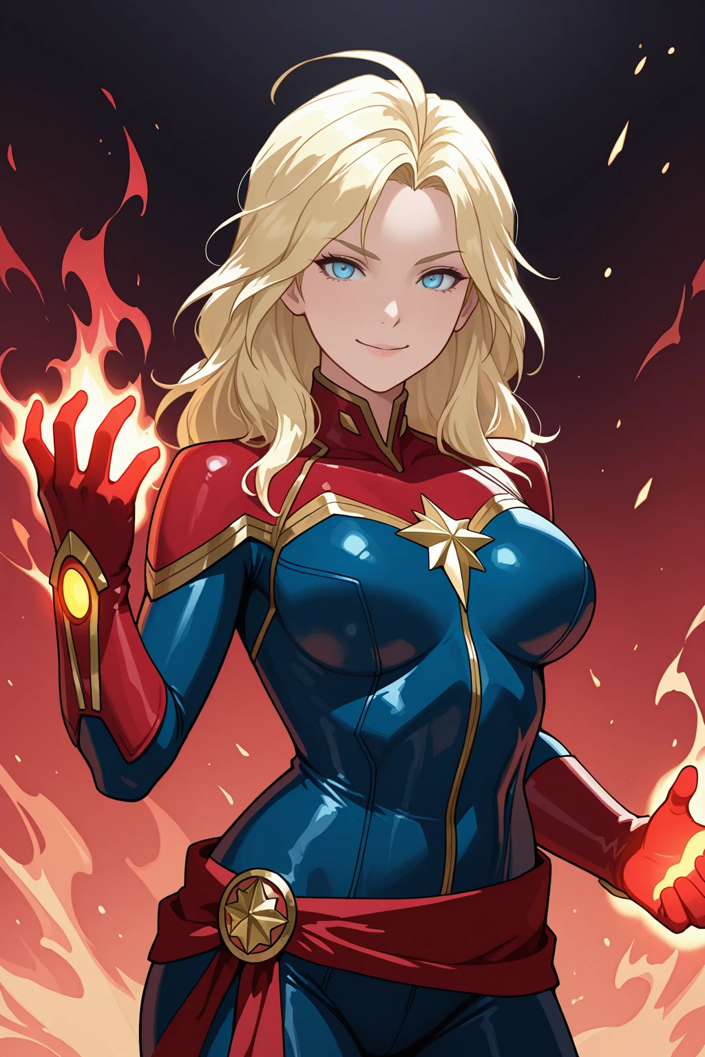 masterpiece, good quality, best quality, very awa, very as2, absurdres, highres,
<lora:cptnmarvel future avengersilluLora:1>MsMrvl, long hair, blonde hair, blue eyes, multicolor bodysuit, skin tight, Gold trim, red gloves, red sash, red aura hands, glowing hands, flaming hands, cowboy shot, hand up, smile