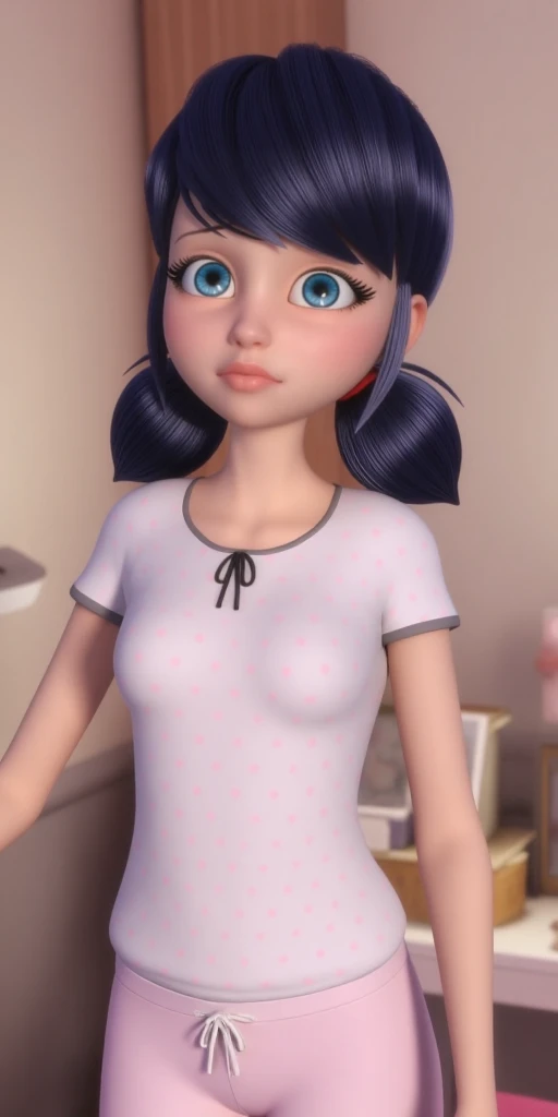 Super detailed, looking at viewer, good eyes, best eyes, ideal eyes, detailed eyes, white t-shirt with pink polka-dots and black edges, upper body, light pink sweatpants with a white string, bright bluebell eyes, fair skin, shoulder-length black hair with blue reflections tied back in pigtails, body like in real life, large pores, unreal engine, octane render, droped shadow, bokeh, cinematic lighting, Marinette Dupain-Cheng