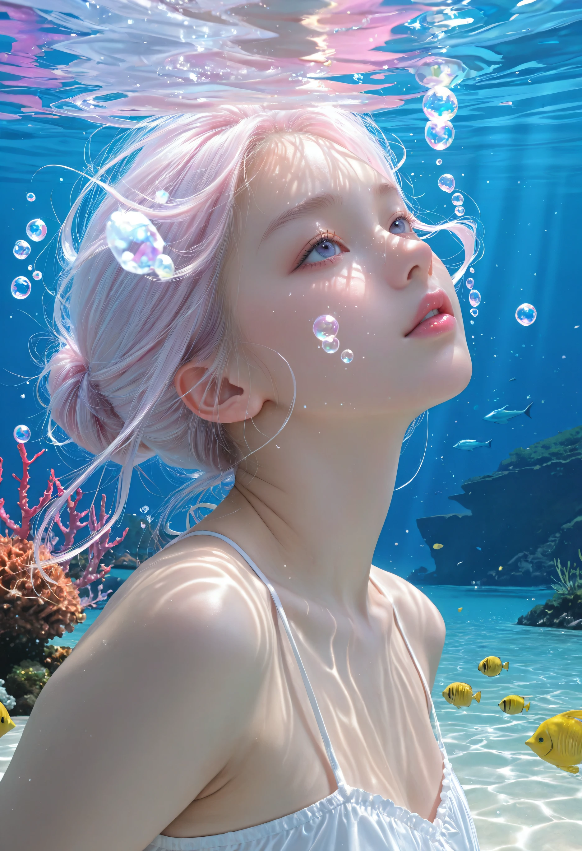 masterpiece, best quality, ultra high res), (photorealistic, realistic skin texture, subtle skin details, soft lighting, natural skin), realistic, professional photo, 8k, uhd, absurdres, aesthetic, very aesthetic, gorgeous, high quality, low saturation, filmic tone, soft contrast, DSLR style, natural skin reflection, detailed anatomy, detailed background, detailed skin texture, matte skin, unretouched look, healthy skin tone, soft focus, close-up face,
BREAK,
underwater, surreal, vibrant, cool mood, light leaks, colorful bokeh, dreamy, ethereal, soft light, glittering particles, detailed background, extremely detailed background, sparkling carbonated bubbles, caustics, prism light, light projection, bioluminescent, coral reef, ocean depth, water reflection on face
