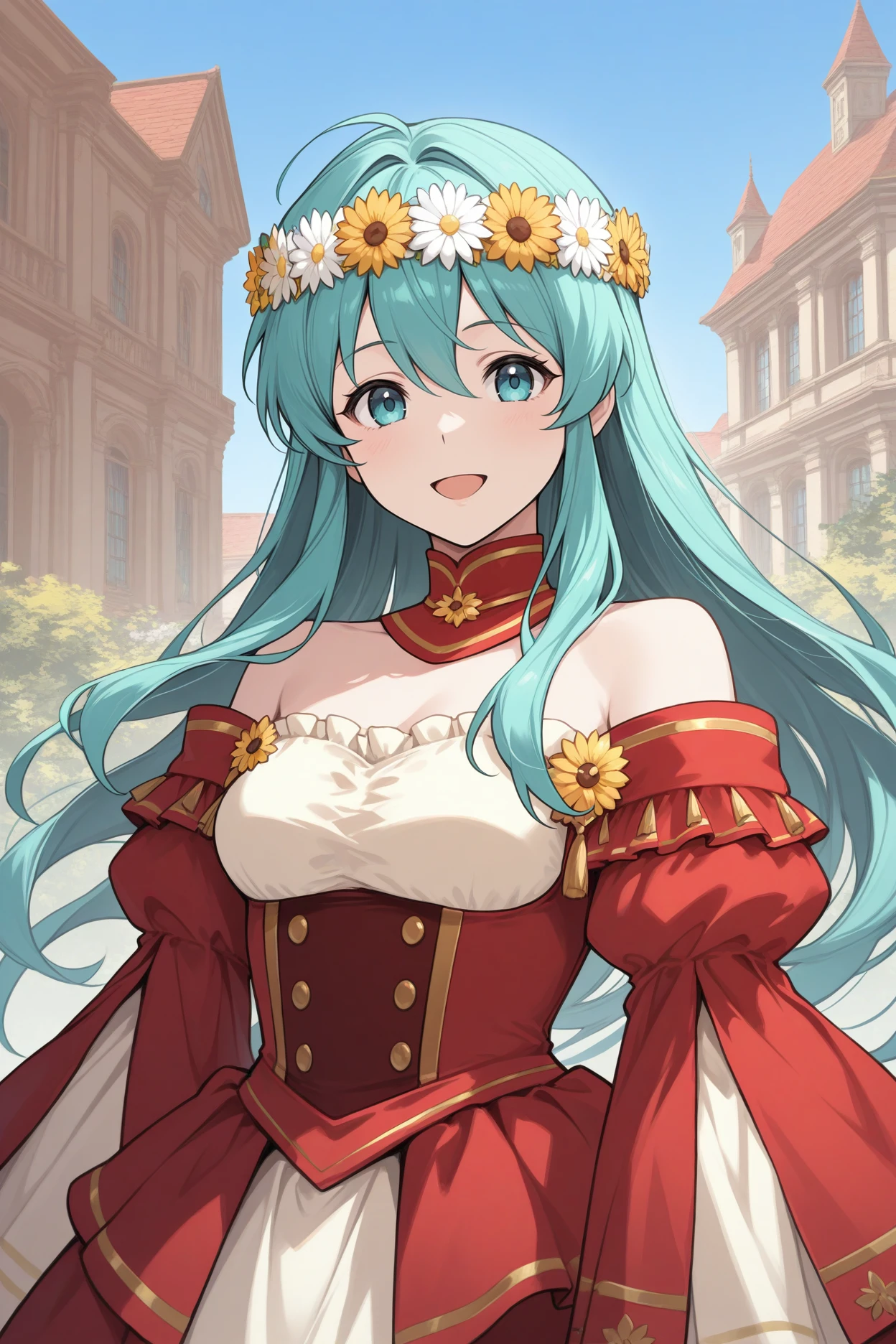 masterpiece, best quality, 1girl, solo, <lora:valentineeirika-illu-nvwls-v1-000006:1> valer, aqua hair, long hair, hair between eyes, head wreath, red dress, red ballgown, detached collar, bare shoulders, cowboy shot, victorian architecture, looking at viewer, happy, blue sky