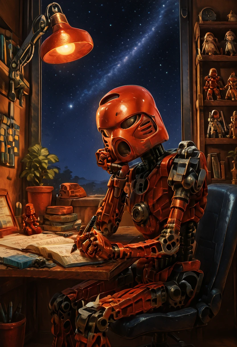 masterpiece, best quality, solo,   zzTahu, standing, weapon, non-humanoid robot, plastic, toy, figure,  ,<lora:TahuToa_IXL:1.0>,   zzLofi, sitting, side view, desk, chair, book, bookshelf, head rest, holding, holding pen, lamp, night, open book, pen, plant, potted plant, sky, star (sky), starry sky, window, windowsill, writing, <lora:LofiGirl_Style_IXL:0.8>,