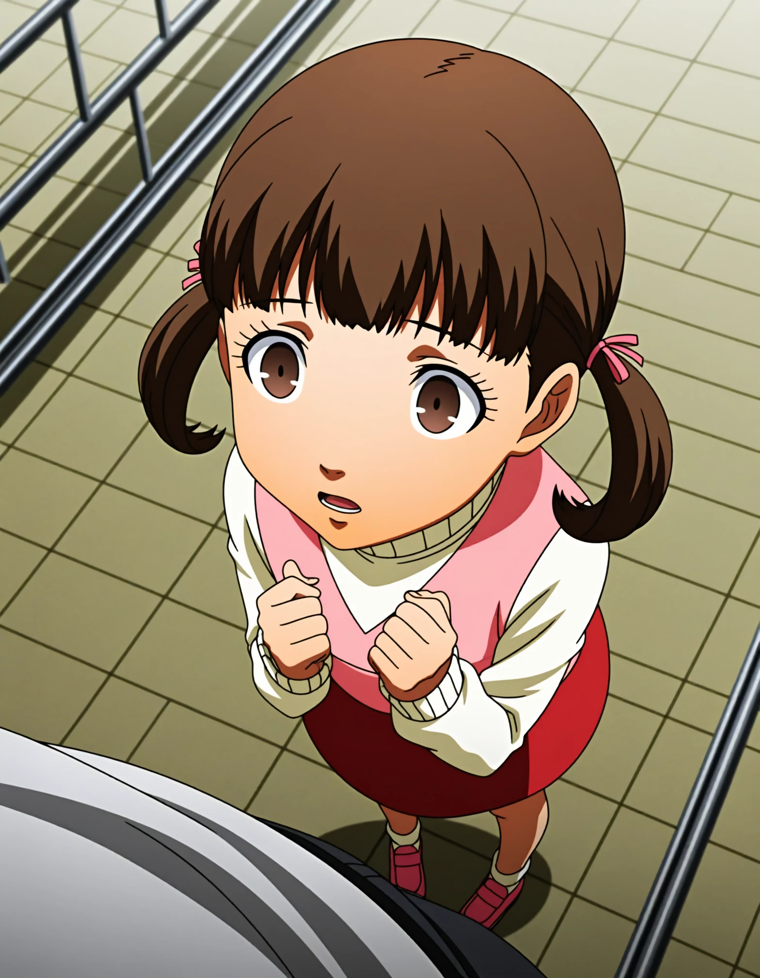 <lora:dmd2_sdxl_4step:1>,masterpiece,best quality,amazing quality,very aesthetic,high resolution,ultra-detailed,absurdres,newest,anime coloring,anime screenshot,official art,<lora:nanako:0.8>,nanako,doujima nanako,1girl,brown hair,brown eyes,twintails,skirt,long sleeves,turtleneck sweater,pink footwear,white sweater,white socks,hair ribbon,from_above,
