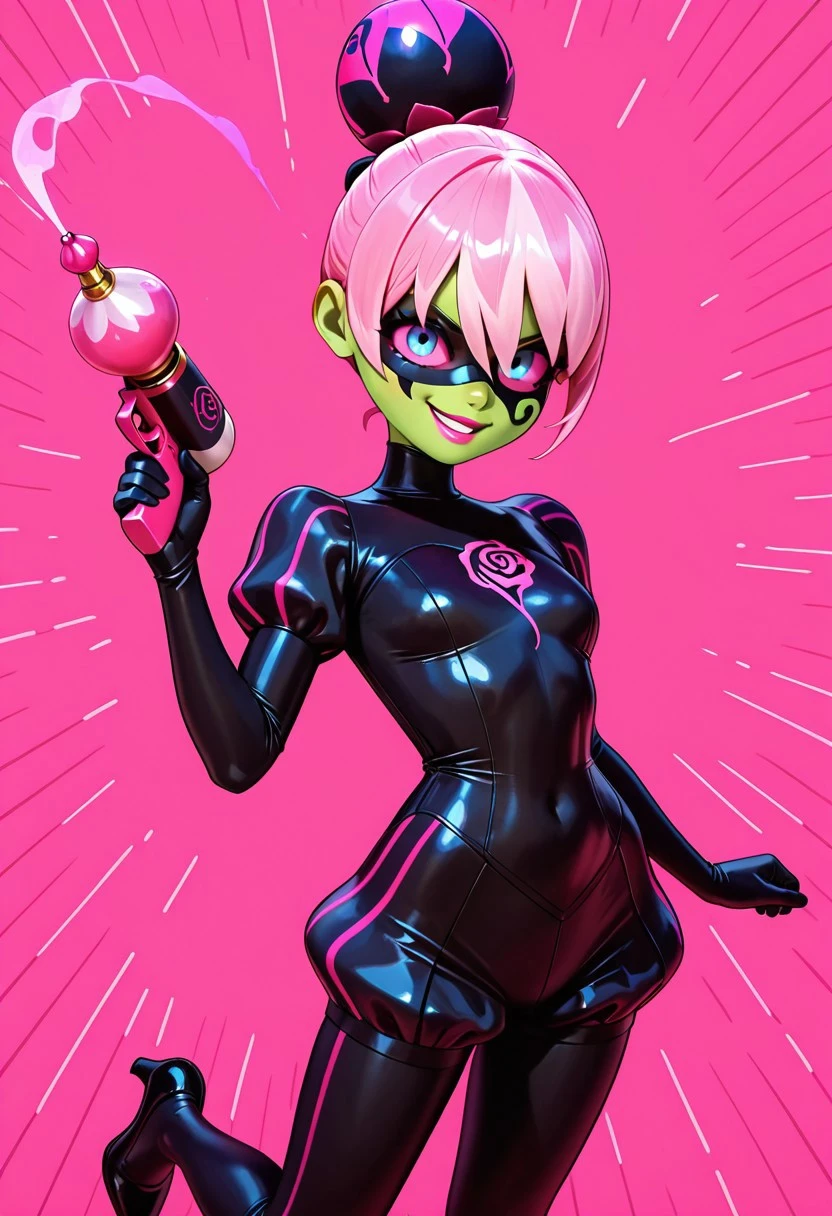 masterpiece, best quality, amazing quality, intricate detail, highly detailed, solo, 1girl, Princess Fragrance, green skin, magenta hair, pink hair, multicolored hair, two-tone hair, bangs, bun, hair between eyes, rosebud-like bun, blue eyes, pink sclera, pink lipstick, mask, domino mask, black turtlenecked skin-tight suit, puffed sleeves, puffed shorts, Narrow pink lines,  black high-heel shoes, black tube came out of the top of the bun, rose design on her chest, looking at viewer, , ultra detailed, standing, evil smile, BREAK, blaster, dark purple tear-shaped bottle, pink horizontal lines, pink glass blaster, BREAK, simple background, pink magenta fog on background