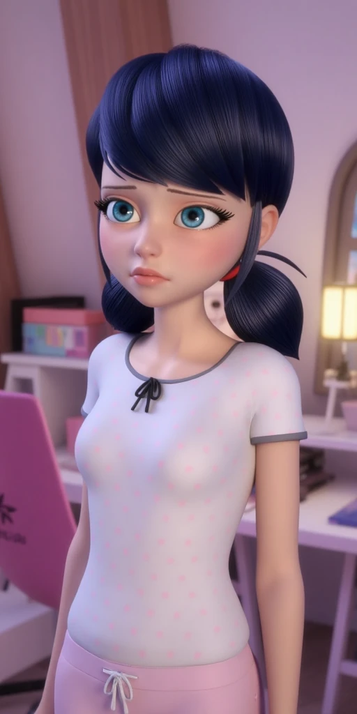 Super detailed, upper body, looking at viewer, good eyes, best eyes, ideal eyes, detailed eyes, white t-shirt with pink polka-dots and black edges, light pink sweatpants with a white string, bright bluebell eyes, fair skin, shoulder-length black hair with blue reflections tied back in pigtails, body like in real life, large pores, unreal engine, octane render, droped shadow, bokeh, cinematic lighting, Marinette Dupain-Cheng