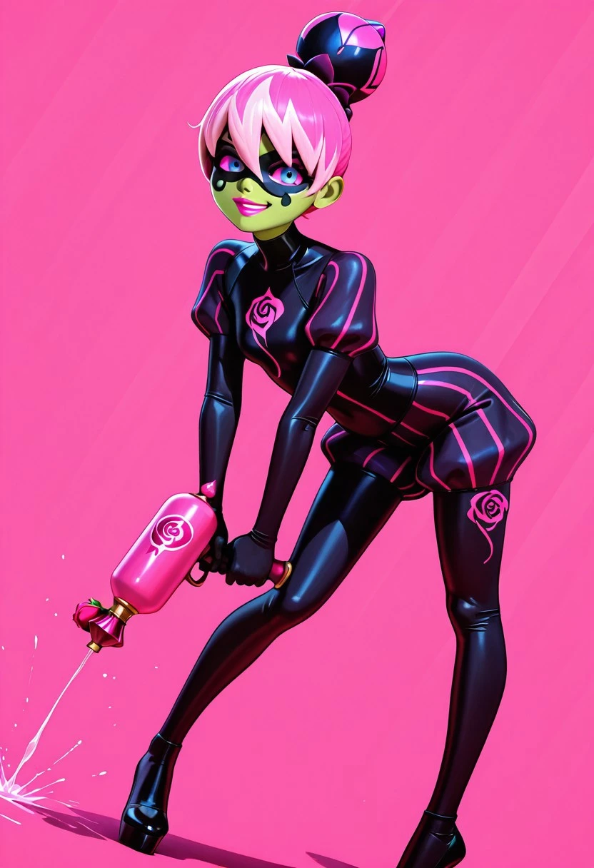 masterpiece, best quality, amazing quality, intricate detail, highly detailed, solo, 1girl, Princess Fragrance, green skin, magenta hair, pink hair, multicolored hair, two-tone hair, bangs, bun, hair between eyes, rosebud-like bun, blue eyes, pink sclera, pink lipstick, mask, domino mask, black turtlenecked skin-tight suit, puffed sleeves, puffed shorts, Narrow pink lines, black high-heel shoes, black tube came out of the top of the bun, rose design on her chest, looking at viewer, , ultra detailed, standing, evil smile, BREAK, blaster, dark purple tear-shaped bottle, pink horizontal lines, pink glass blaster, BREAK, simple background, pink magenta mist