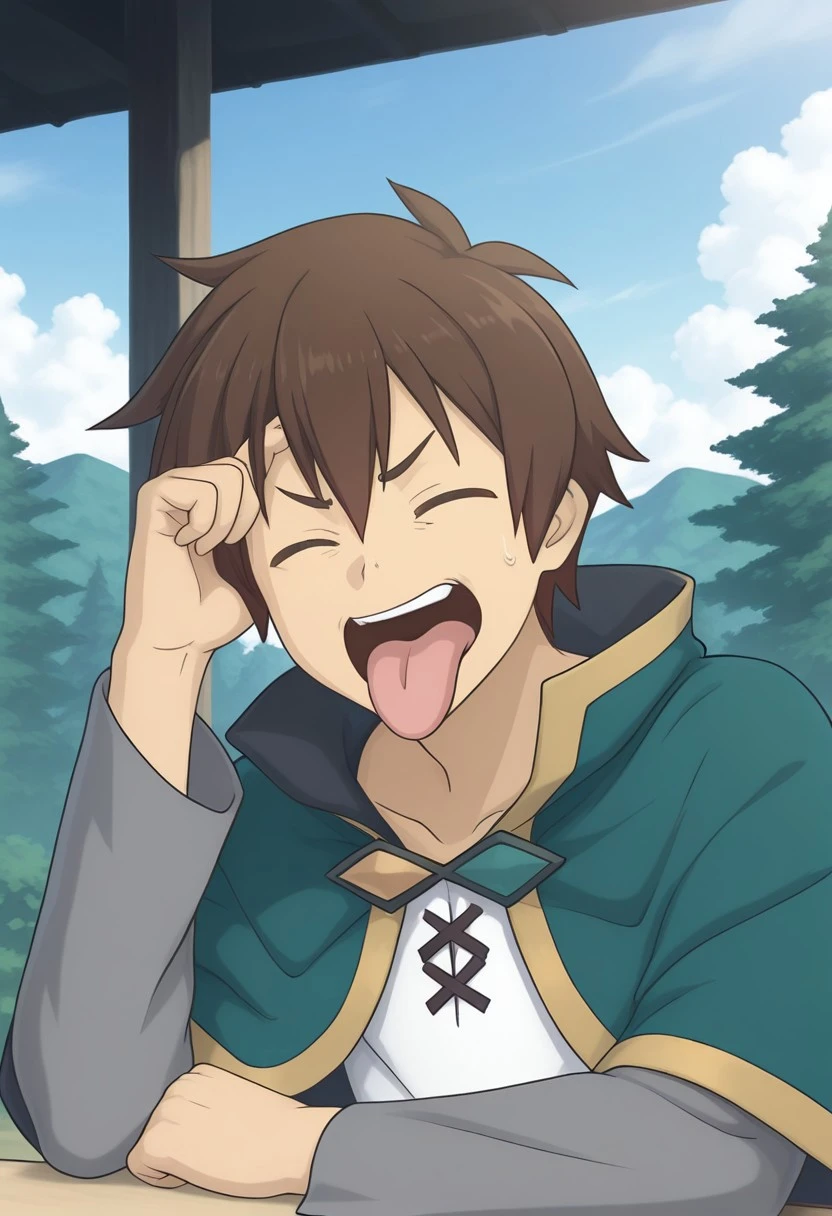 solo, man, Kazuma-Liver020, Satou Kazuma, Kazuma Satou, solo, 1man, brown hair, short hair, focus male, white shirt, green capelet, shirt ornament, grey sleeves, Satou Kazuma, Kazuma Satou, looking at the viewer, aldn_frky_pose, closed eyes, hand on head, tongue out, table, outdoor, forest, clouds, best quality, masterpiece, 4k resolution, anime