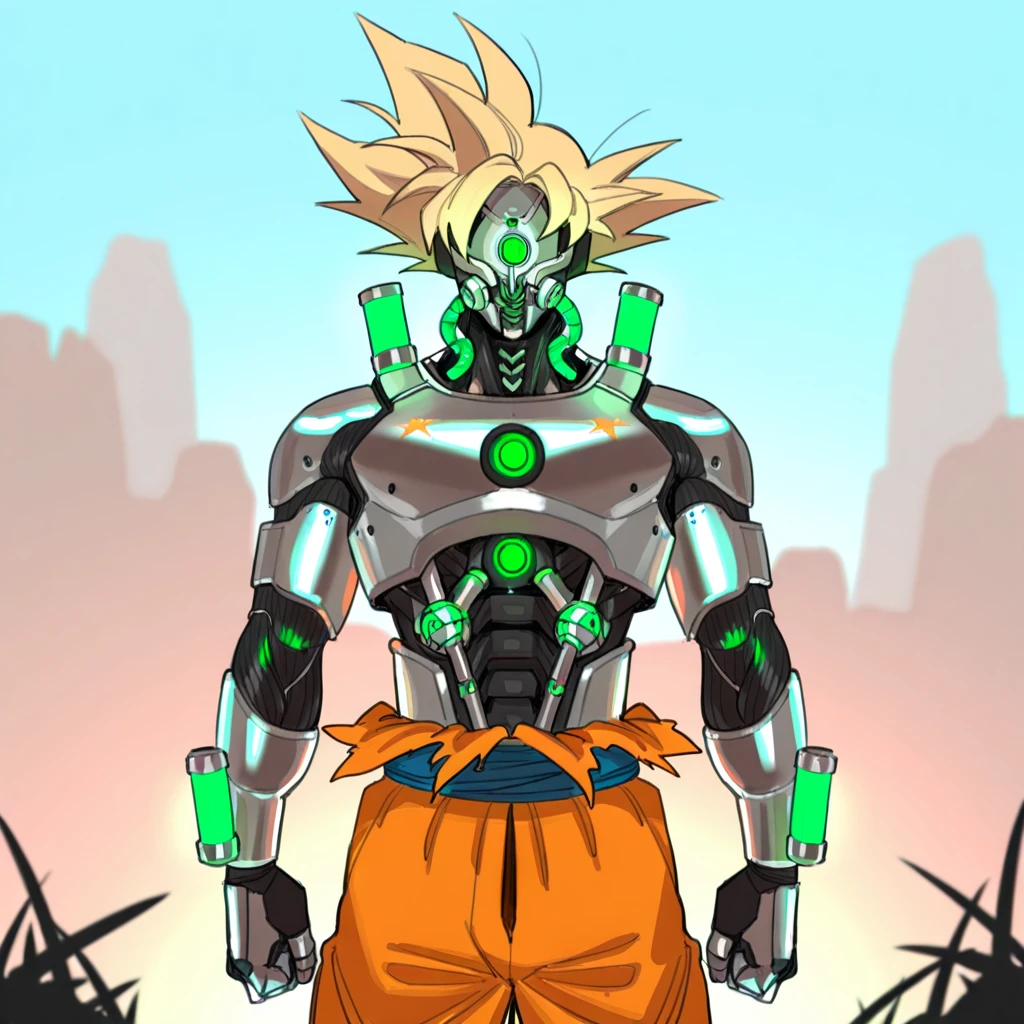 highres, best quality, masterpiece, very aesthetic, newest, <lora:FleshmutantIllusV2:1>, artist:maiqo , cowboy shot,cybermutant,glowing green tubes,solo,1boy,goku,blonde hair,cybernetic body,biomechanical,mechanical jaw,outdoors