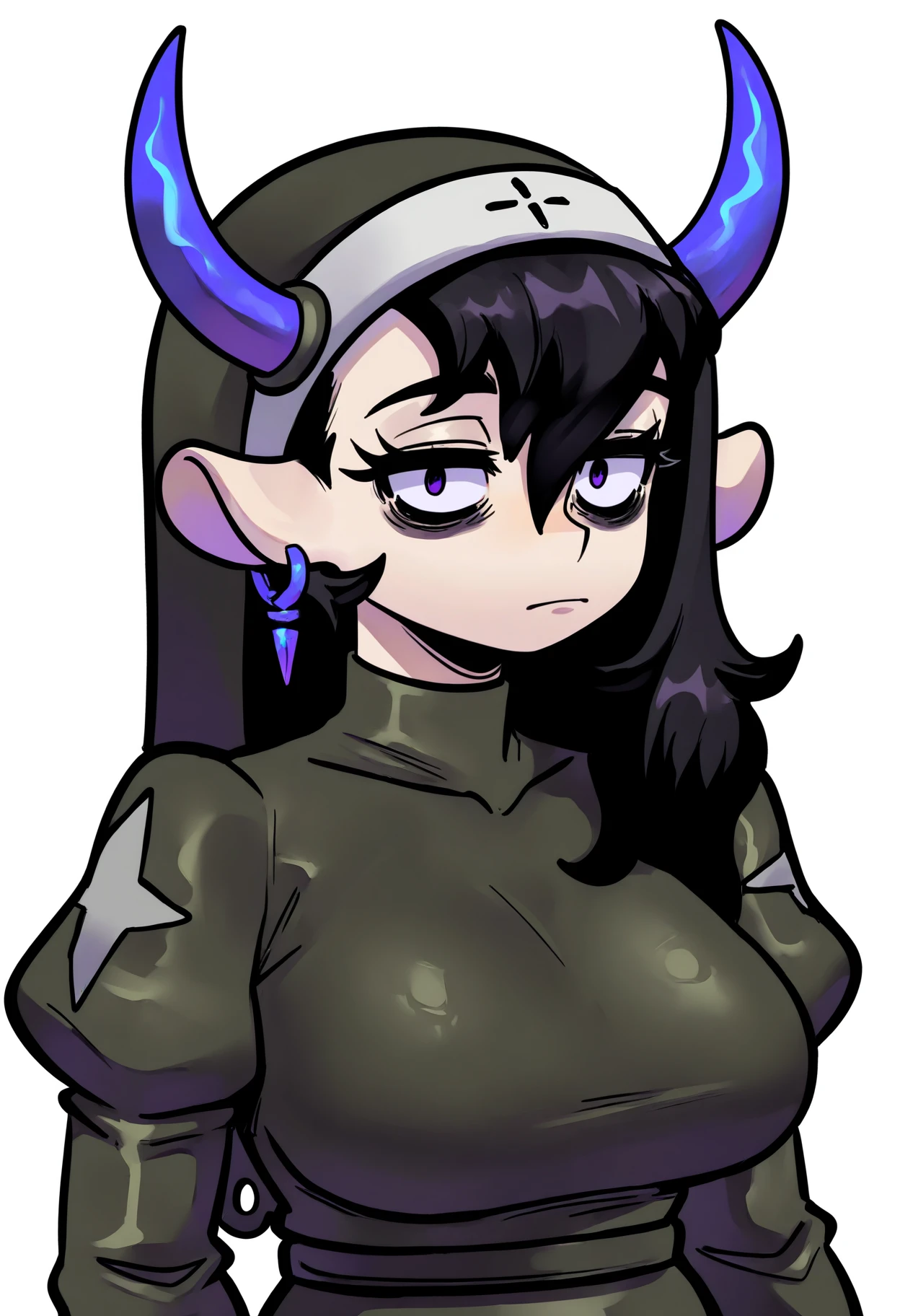 best quality, amazing quality, very aesthetic, absurdres,
1girl, hereticmooladin, horns, black hair, purple eyes, long hair, bags under eyes,
earrings, hairband, nun,
puffy sleeves, juliet sleeves, long sleeves, large breasts,
solo, expressionless,
looking at viewer, upper body, simple background, white background, <lora:HereticMooladinNoobXL_byKonan:1>